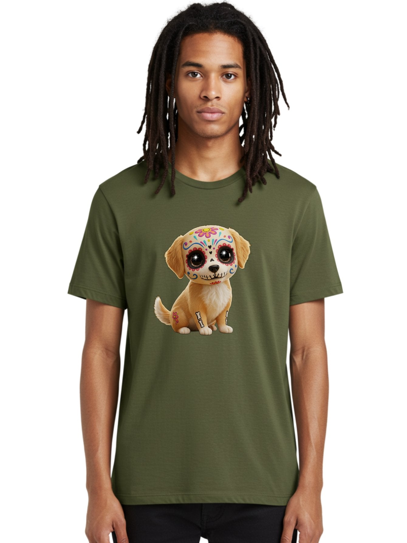 Sugar-Skull-Dog-1 Men'S Graphic Tee, 100% Cotton, Comfortable Casual Summer Wear, Machine Washable, Sugar Skull Dog, Day Of The Dead Puppy, Colorful Tattoos, Sparkly Eyes, Festive Design, Cute Animal, Decorative Art, Vibrant Patterns, Bac498 17