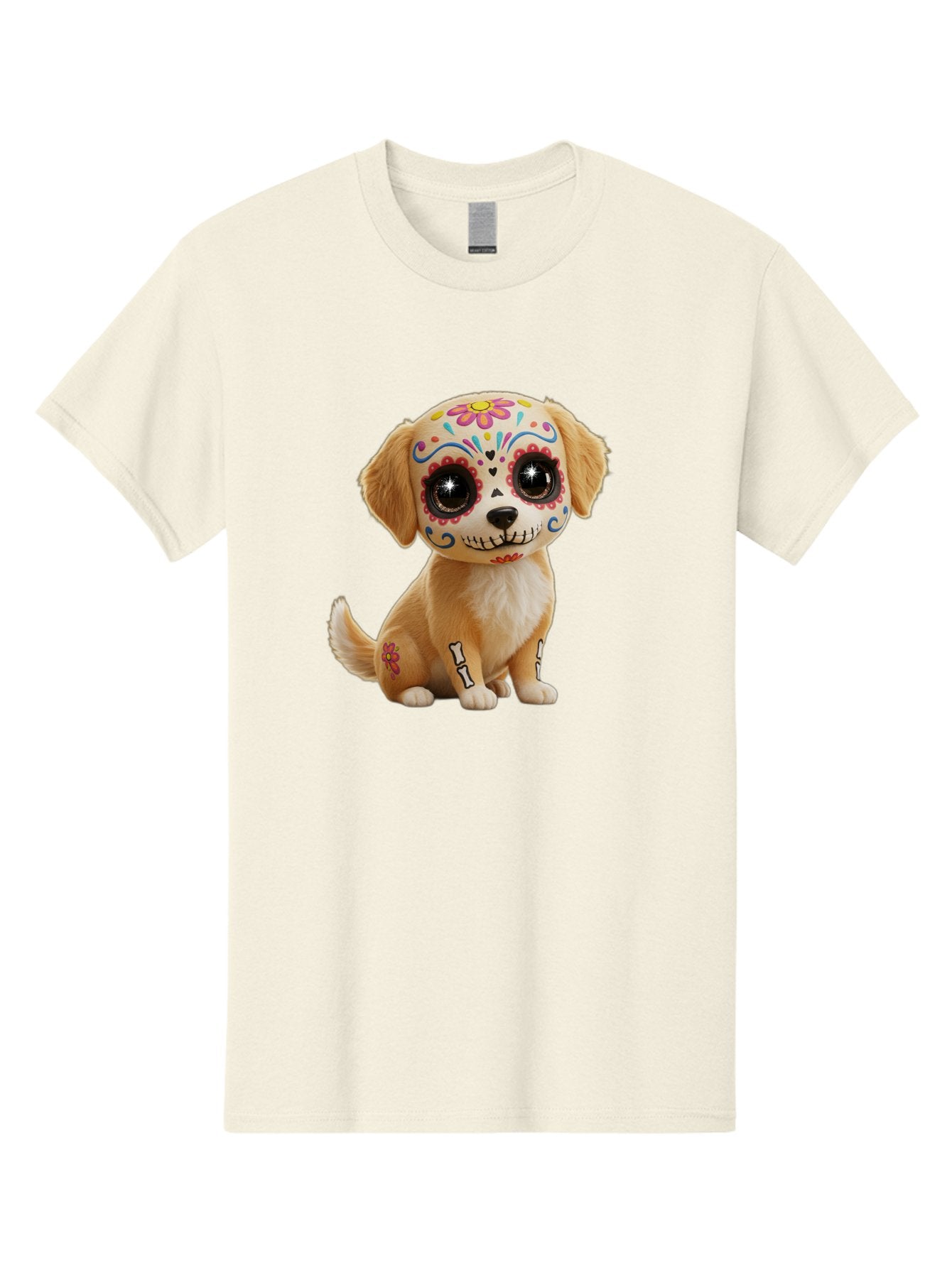 Sugar-Skull-Dog-1 Men'S Graphic Tee, 100% Cotton, Comfortable Casual Summer Wear, Machine Washable, Sugar Skull Dog, Day Of The Dead Puppy, Colorful Tattoos, Sparkly Eyes, Festive Design, Cute Animal, Decorative Art, Vibrant Patterns, Bac498 7