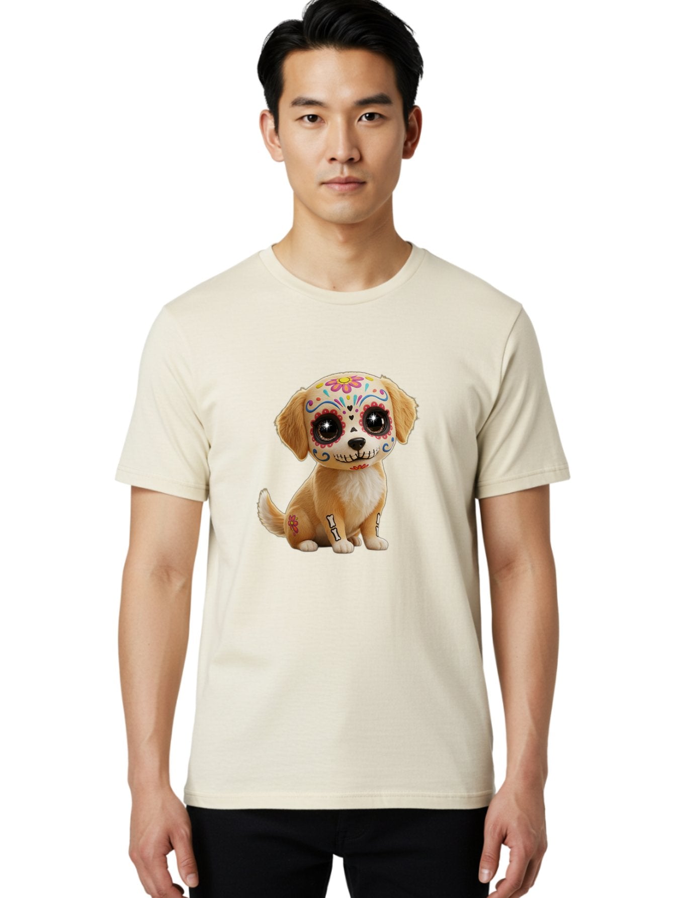 Sugar-Skull-Dog-1 Men'S Graphic Tee, 100% Cotton, Comfortable Casual Summer Wear, Machine Washable, Sugar Skull Dog, Day Of The Dead Puppy, Colorful Tattoos, Sparkly Eyes, Festive Design, Cute Animal, Decorative Art, Vibrant Patterns, Bac498 16