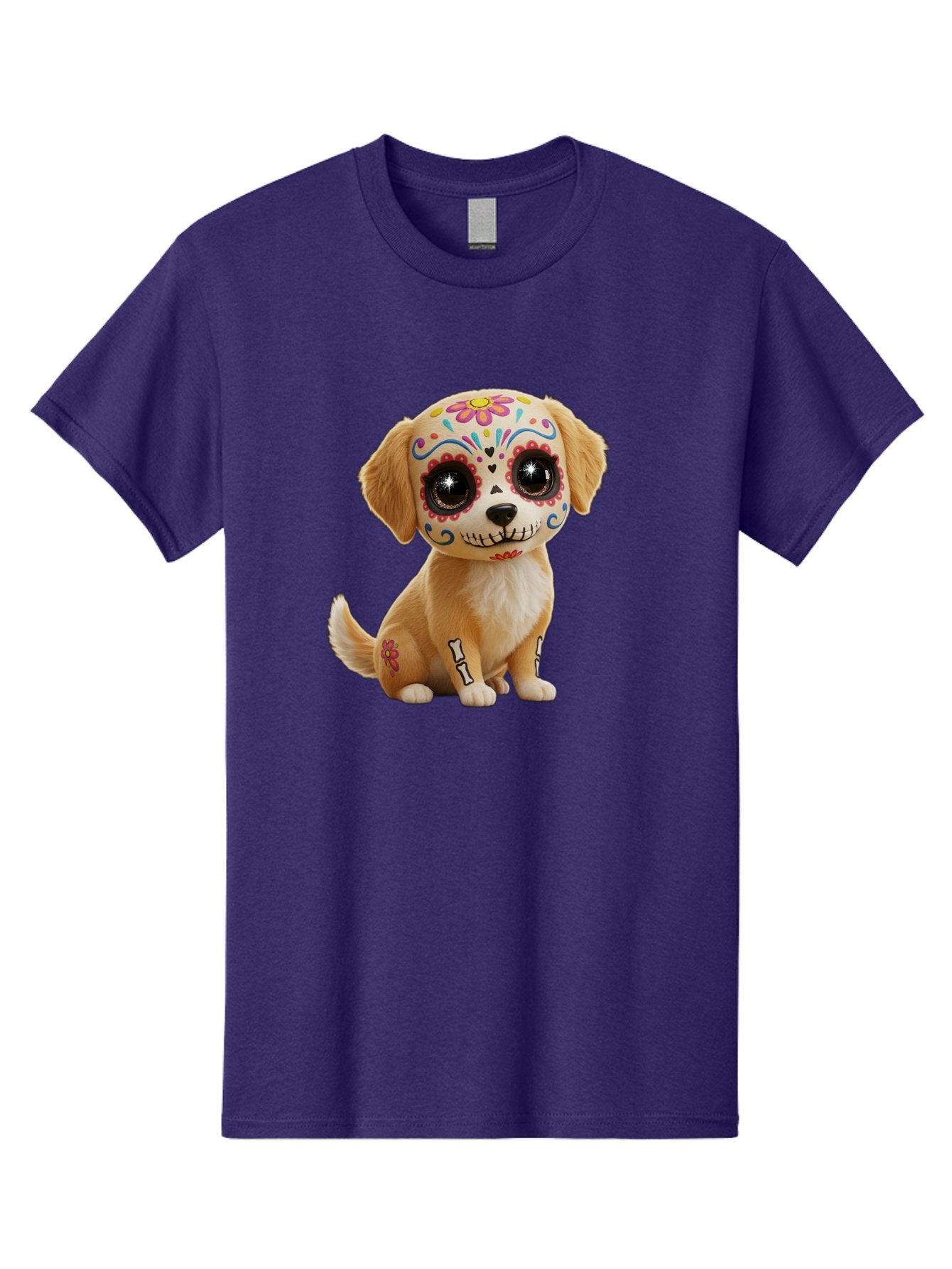 Sugar-Skull-Dog-1 Men'S Graphic Tee, 100% Cotton, Comfortable Casual Summer Wear, Machine Washable, Sugar Skull Dog, Day Of The Dead Puppy, Colorful Tattoos, Sparkly Eyes, Festive Design, Cute Animal, Decorative Art, Vibrant Patterns, Bac498 5