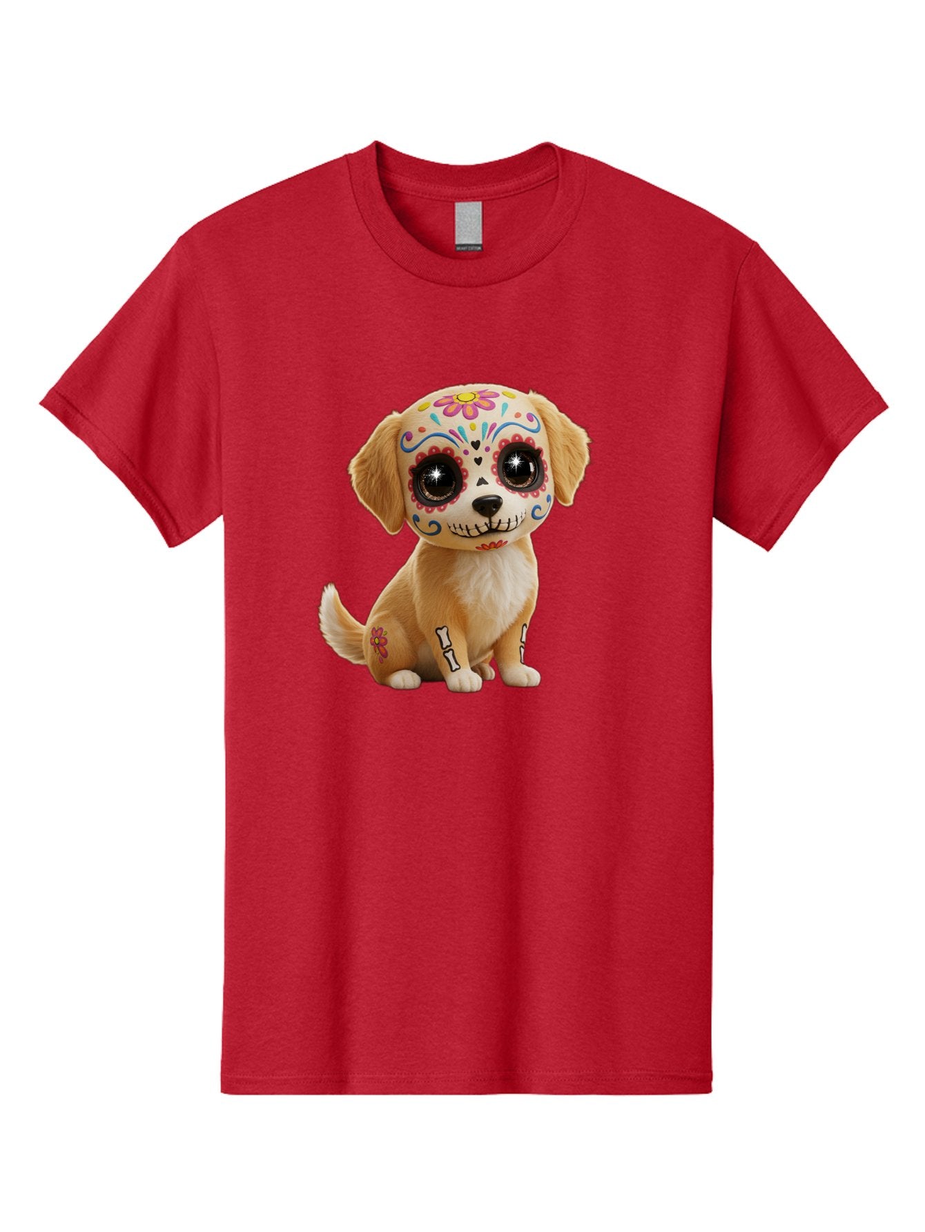 Sugar-Skull-Dog-1 Men'S Graphic Tee, 100% Cotton, Comfortable Casual Summer Wear, Machine Washable, Sugar Skull Dog, Day Of The Dead Puppy, Colorful Tattoos, Sparkly Eyes, Festive Design, Cute Animal, Decorative Art, Vibrant Patterns, Bac498 15