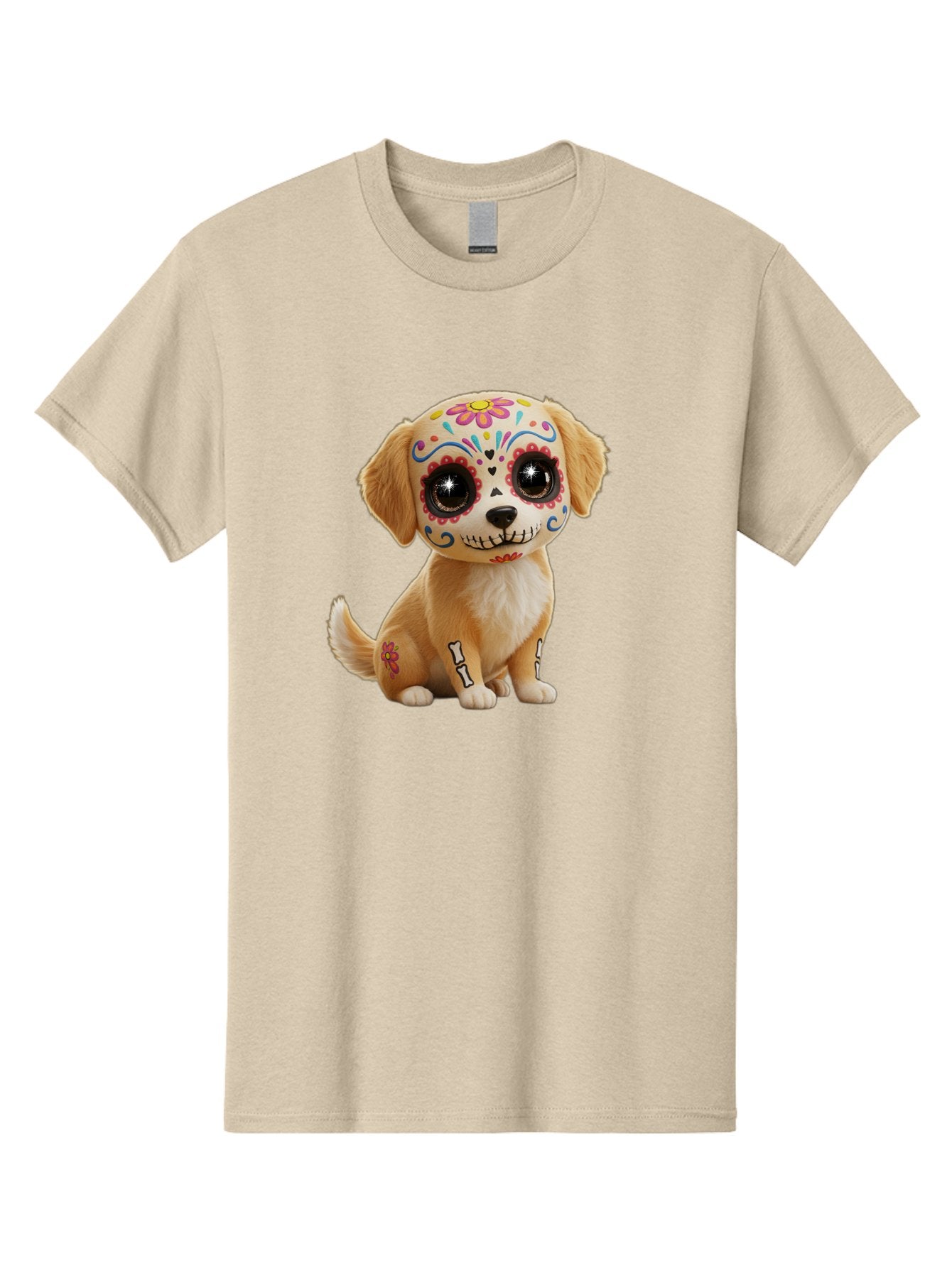 Sugar-Skull-Dog-1 Men'S Graphic Tee, 100% Cotton, Comfortable Casual Summer Wear, Machine Washable, Sugar Skull Dog, Day Of The Dead Puppy, Colorful Tattoos, Sparkly Eyes, Festive Design, Cute Animal, Decorative Art, Vibrant Patterns, Bac498 4