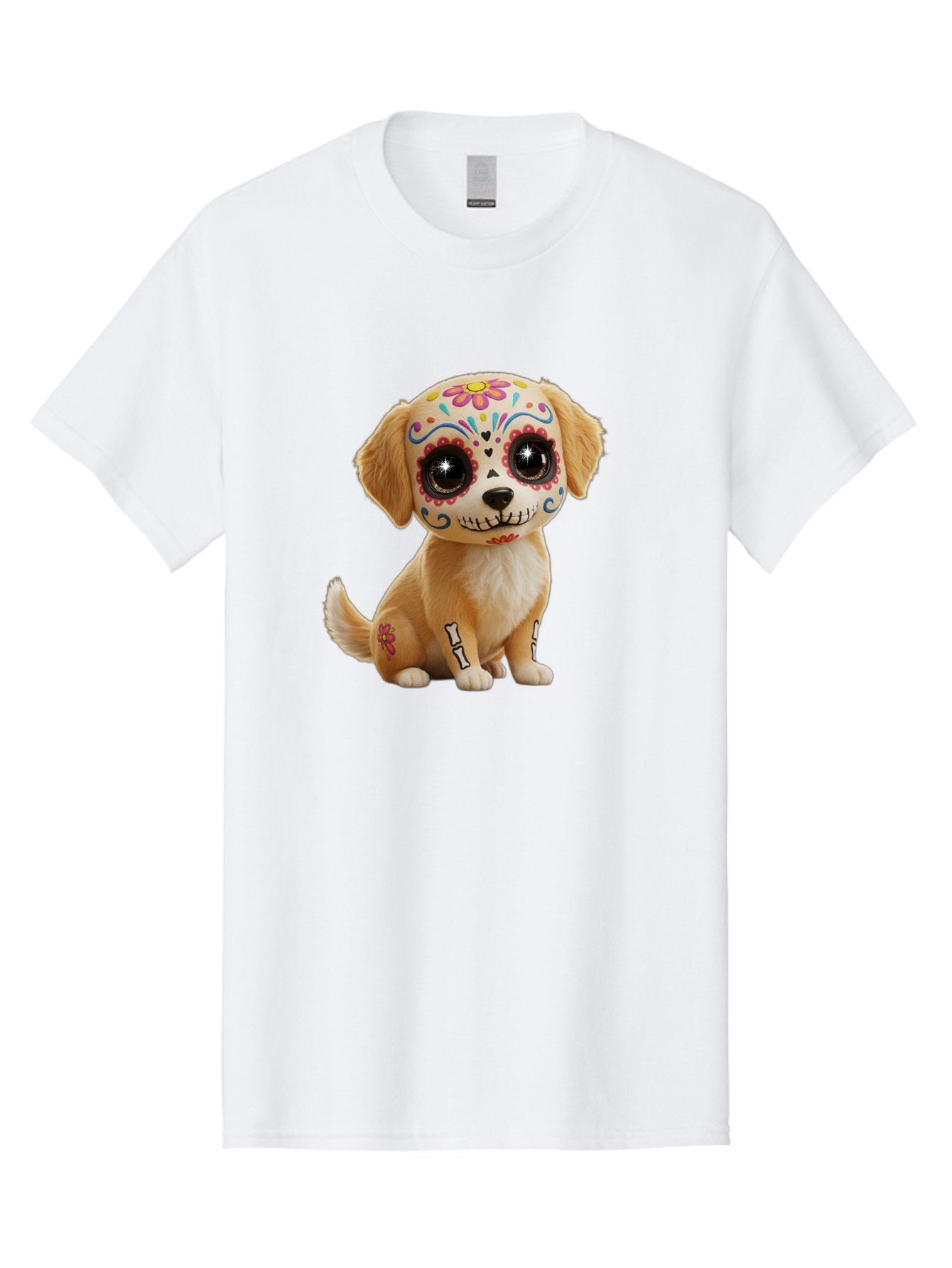 Sugar-Skull-Dog-1 Men'S Graphic Tee, 100% Cotton, Comfortable Casual Summer Wear, Machine Washable, Sugar Skull Dog, Day Of The Dead Puppy, Colorful Tattoos, Sparkly Eyes, Festive Design, Cute Animal, Decorative Art, Vibrant Patterns, Bac498 9