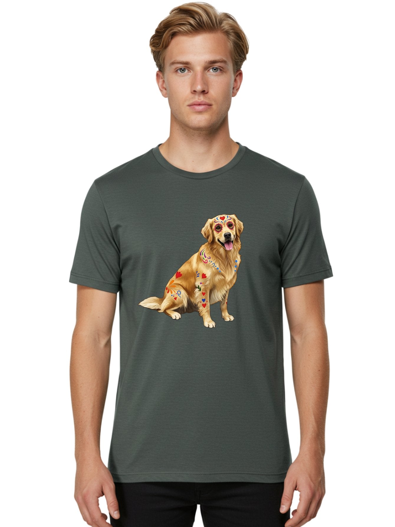 Sugar-Skull-Dog Men'S Graphic Tee, 100% Cotton, Comfortable Casual Summer Wear, Machine Washable, Golden Retriever, Sugar Skull Design, Colorful Tattoos, Heart Patterns, Festive Decoration, Dia De Los Muertos, Vibrant Artwork, Dog Portrait, Bac499 18