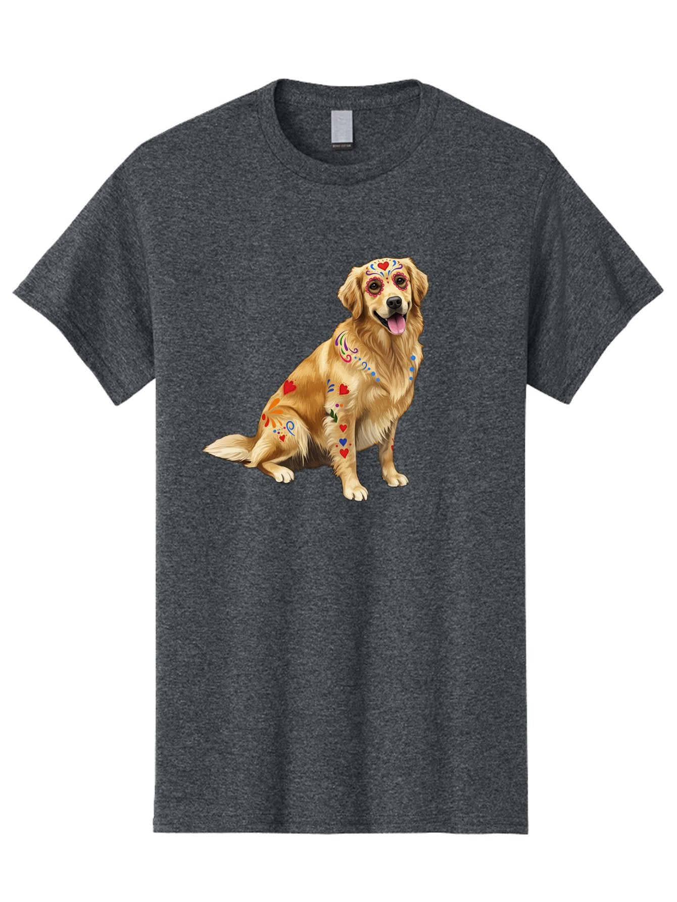 Sugar-Skull-Dog Men'S Graphic Tee, 100% Cotton, Comfortable Casual Summer Wear, Machine Washable, Golden Retriever, Sugar Skull Design, Colorful Tattoos, Heart Patterns, Festive Decoration, Dia De Los Muertos, Vibrant Artwork, Dog Portrait, Bac499 5