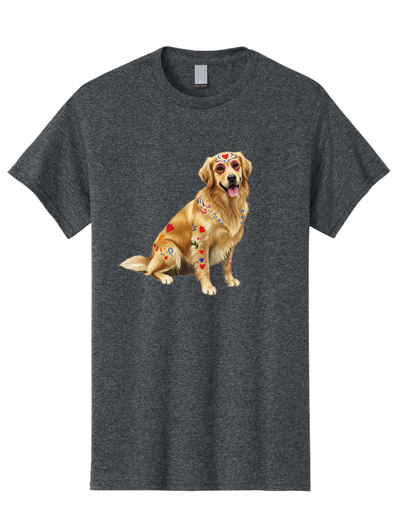 Sugar-Skull-Dog Men'S Graphic Tee, 100% Cotton, Comfortable Casual Summer Wear, Machine Washable, Golden Retriever, Sugar Skull Design, Colorful Tattoos, Heart Patterns, Festive Decoration, Dia De Los Muertos, Vibrant Artwork, Dog Portrait, Bac499 8
