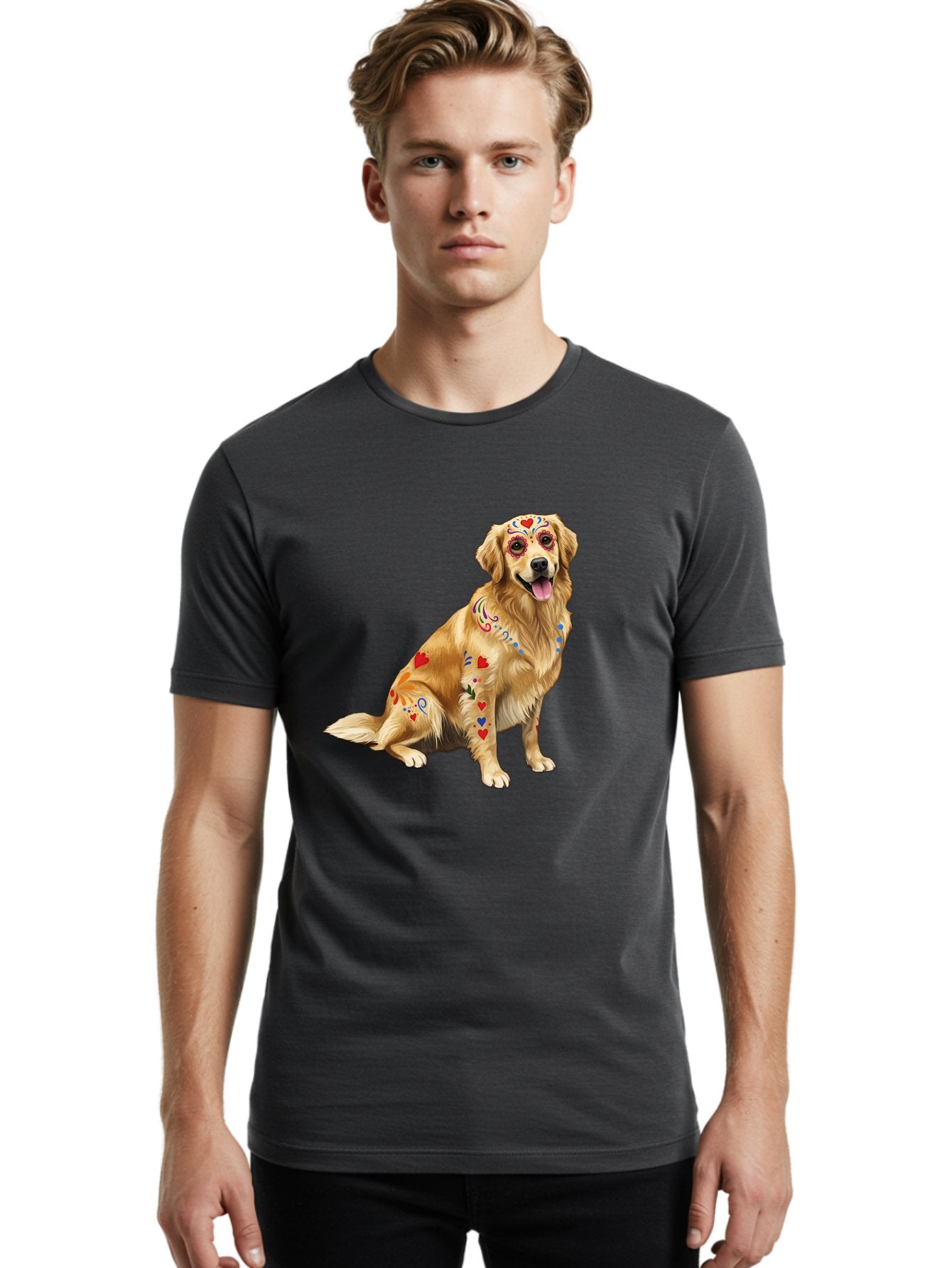 Sugar-Skull-Dog Men'S Graphic Tee, 100% Cotton, Comfortable Casual Summer Wear, Machine Washable, Golden Retriever, Sugar Skull Design, Colorful Tattoos, Heart Patterns, Festive Decoration, Dia De Los Muertos, Vibrant Artwork, Dog Portrait, Bac499 23