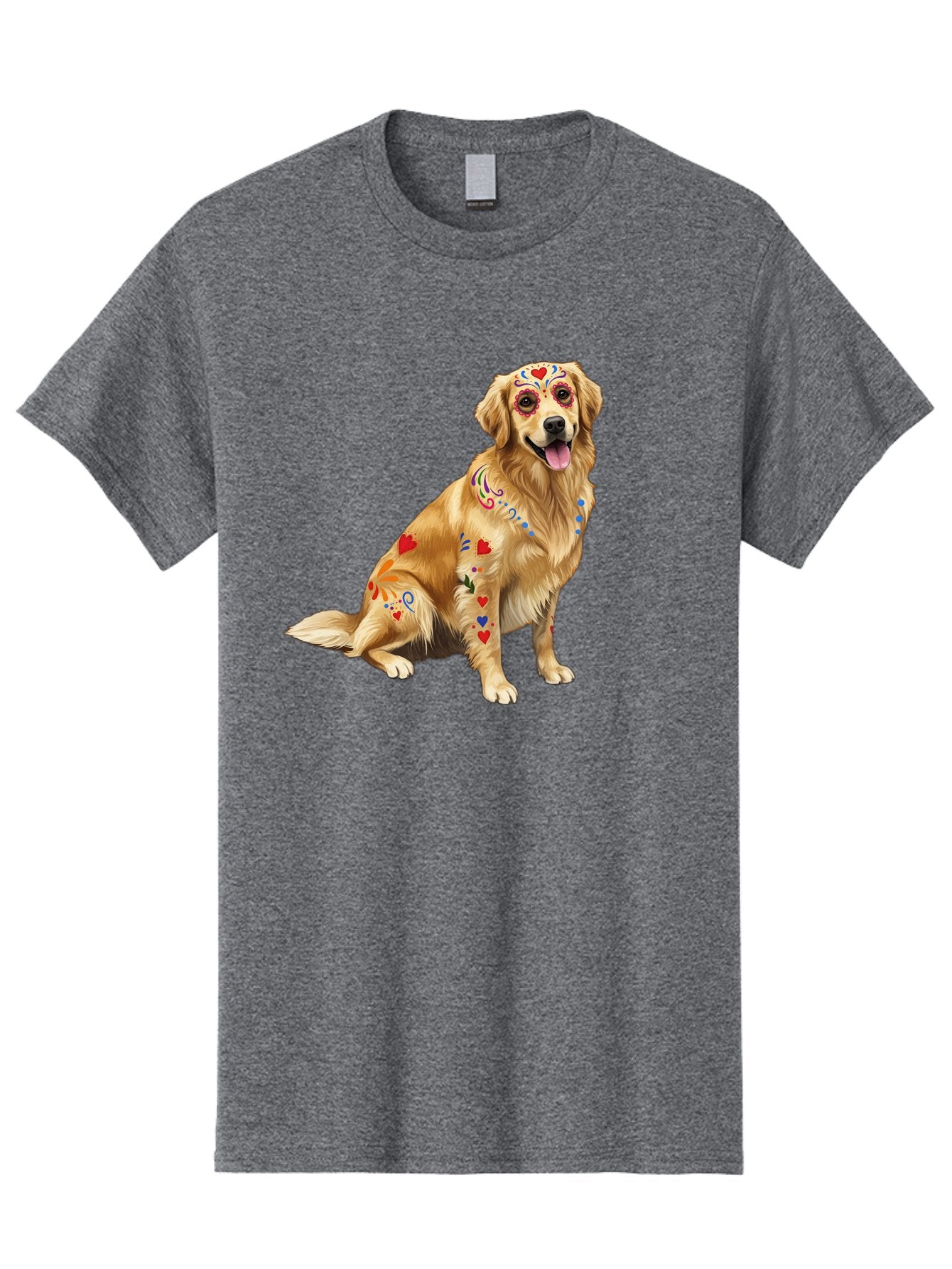 Sugar-Skull-Dog Men'S Graphic Tee, 100% Cotton, Comfortable Casual Summer Wear, Machine Washable, Golden Retriever, Sugar Skull Design, Colorful Tattoos, Heart Patterns, Festive Decoration, Dia De Los Muertos, Vibrant Artwork, Dog Portrait, Bac499 6