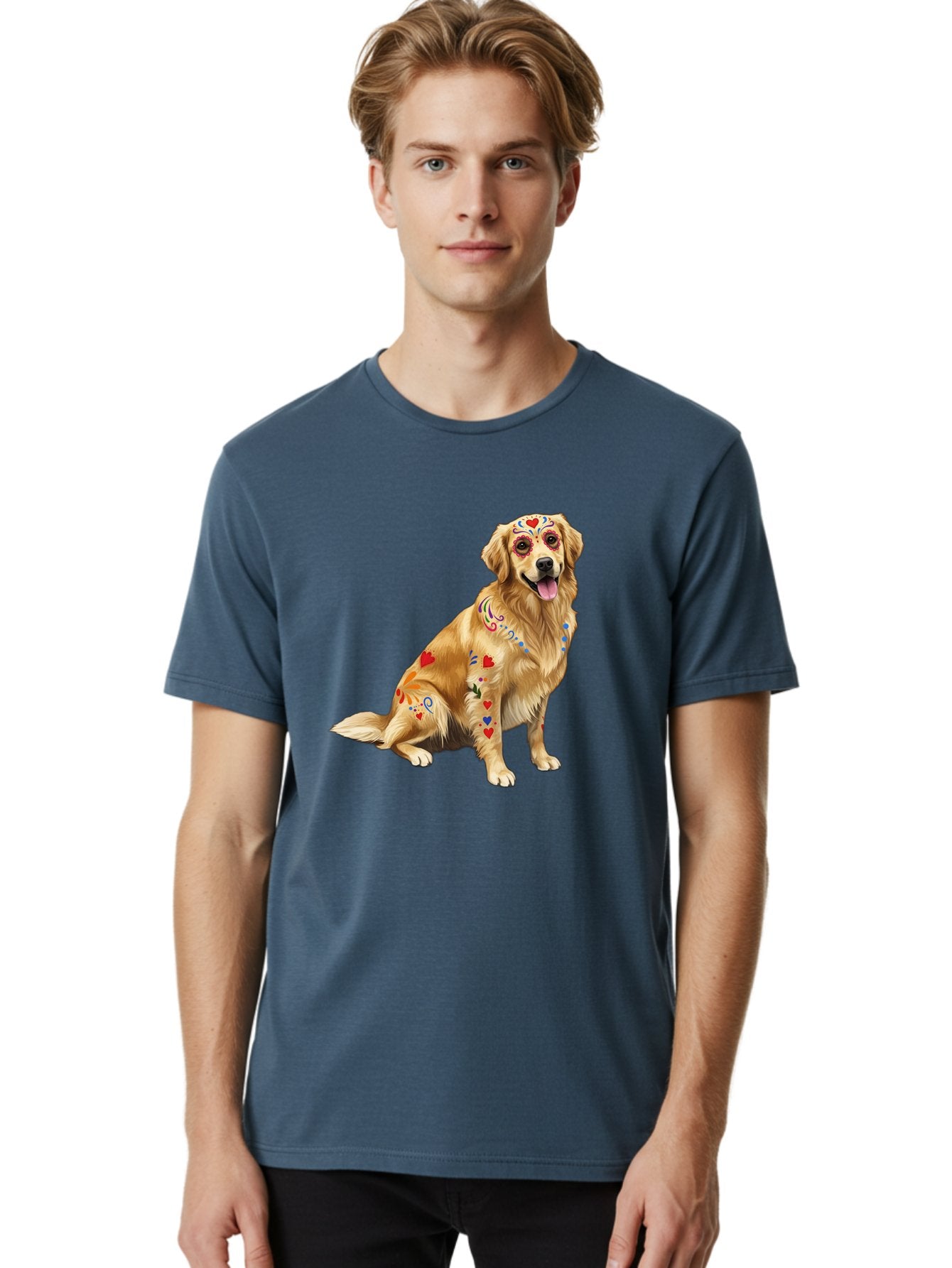 Sugar-Skull-Dog Men'S Graphic Tee, 100% Cotton, Comfortable Casual Summer Wear, Machine Washable, Golden Retriever, Sugar Skull Design, Colorful Tattoos, Heart Patterns, Festive Decoration, Dia De Los Muertos, Vibrant Artwork, Dog Portrait, Bac499 26