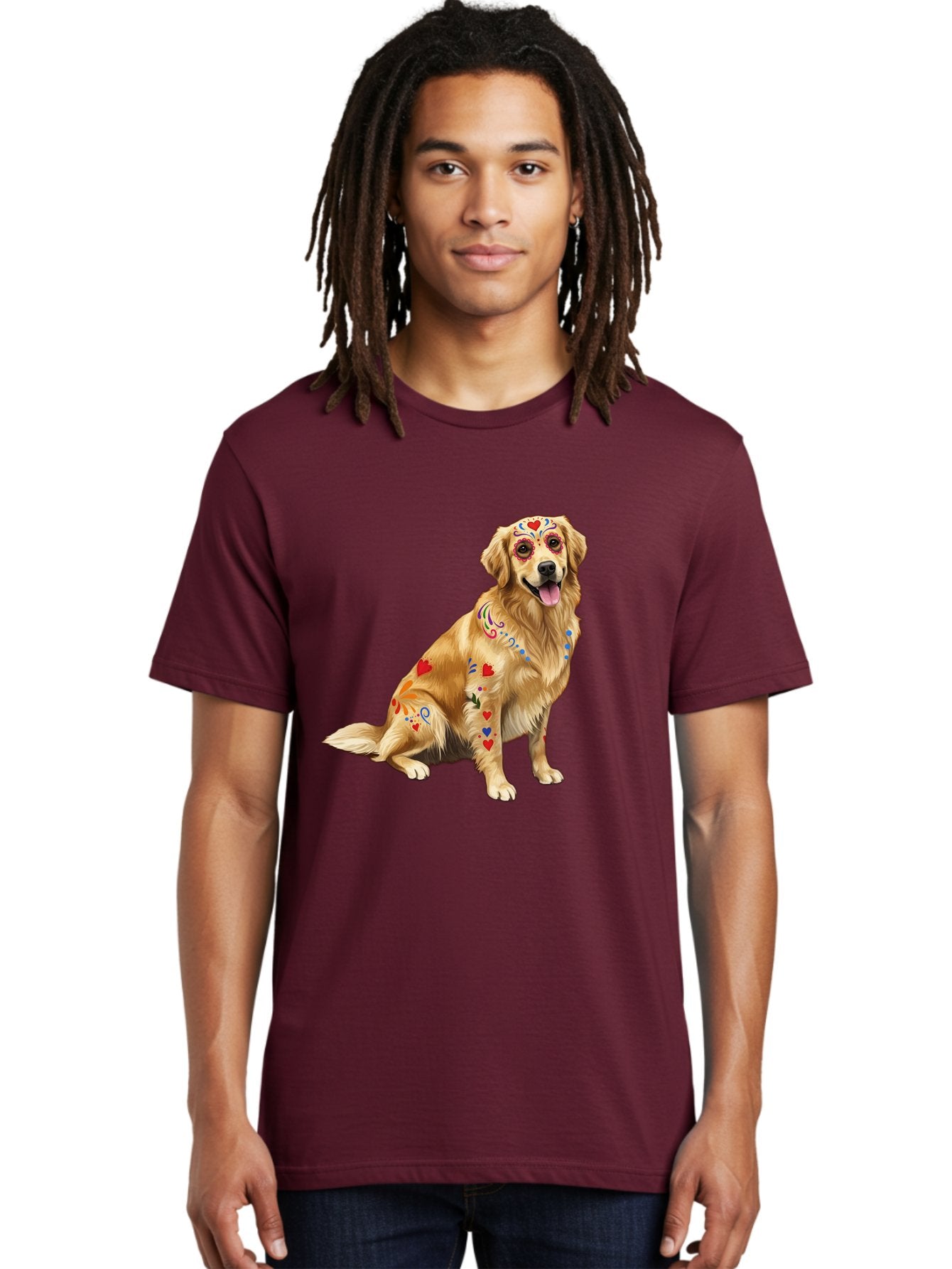 Sugar-Skull-Dog Men'S Graphic Tee, 100% Cotton, Comfortable Casual Summer Wear, Machine Washable, Golden Retriever, Sugar Skull Design, Colorful Tattoos, Heart Patterns, Festive Decoration, Dia De Los Muertos, Vibrant Artwork, Dog Portrait, Bac499 19