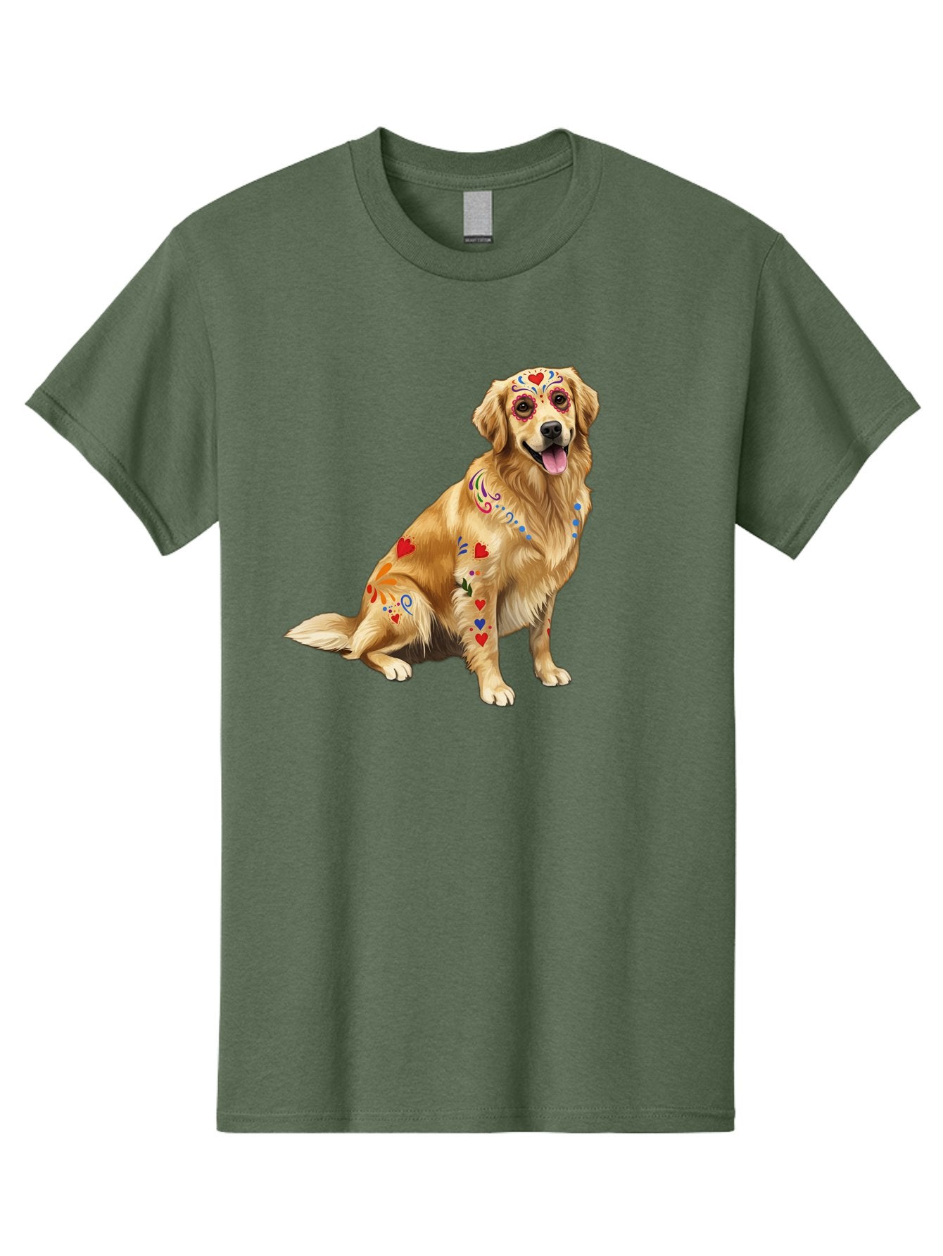 Sugar-Skull-Dog Men'S Graphic Tee, 100% Cotton, Comfortable Casual Summer Wear, Machine Washable, Golden Retriever, Sugar Skull Design, Colorful Tattoos, Heart Patterns, Festive Decoration, Dia De Los Muertos, Vibrant Artwork, Dog Portrait, Bac499 13
