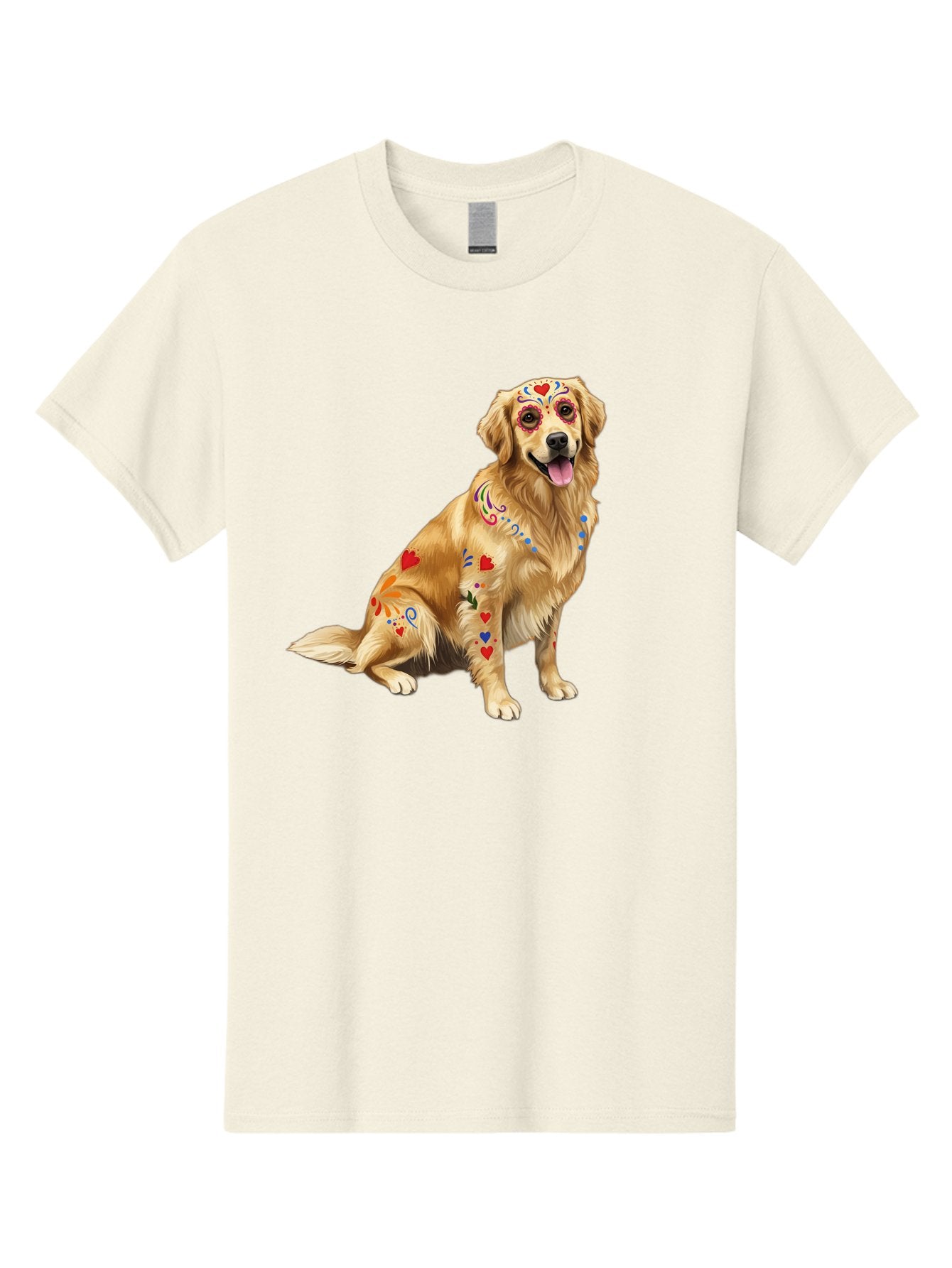 Sugar-Skull-Dog Men'S Graphic Tee, 100% Cotton, Comfortable Casual Summer Wear, Machine Washable, Golden Retriever, Sugar Skull Design, Colorful Tattoos, Heart Patterns, Festive Decoration, Dia De Los Muertos, Vibrant Artwork, Dog Portrait, Bac499 12