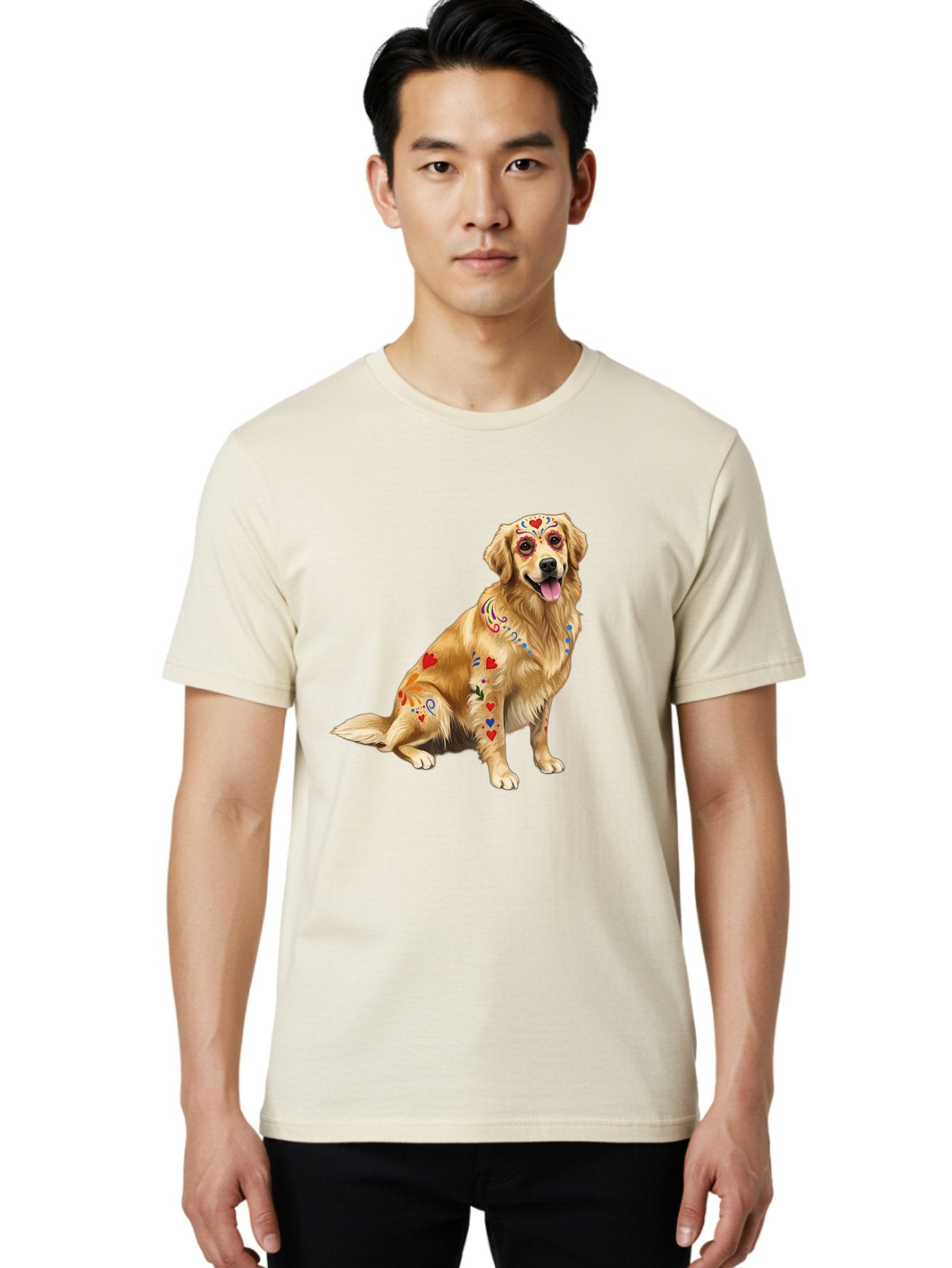 Sugar-Skull-Dog Men'S Graphic Tee, 100% Cotton, Comfortable Casual Summer Wear, Machine Washable, Golden Retriever, Sugar Skull Design, Colorful Tattoos, Heart Patterns, Festive Decoration, Dia De Los Muertos, Vibrant Artwork, Dog Portrait, Bac499 28