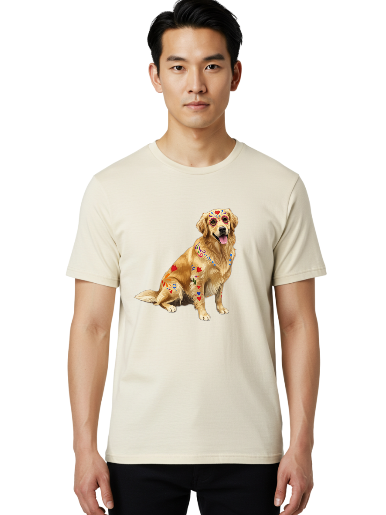 Sugar-Skull-Dog Men'S Graphic Tee, 100% Cotton, Comfortable Casual Summer Wear, Machine Washable, Golden Retriever, Sugar Skull Design, Colorful Tattoos, Heart Patterns, Festive Decoration, Dia De Los Muertos, Vibrant Artwork, Dog Portrait, Bac499 18