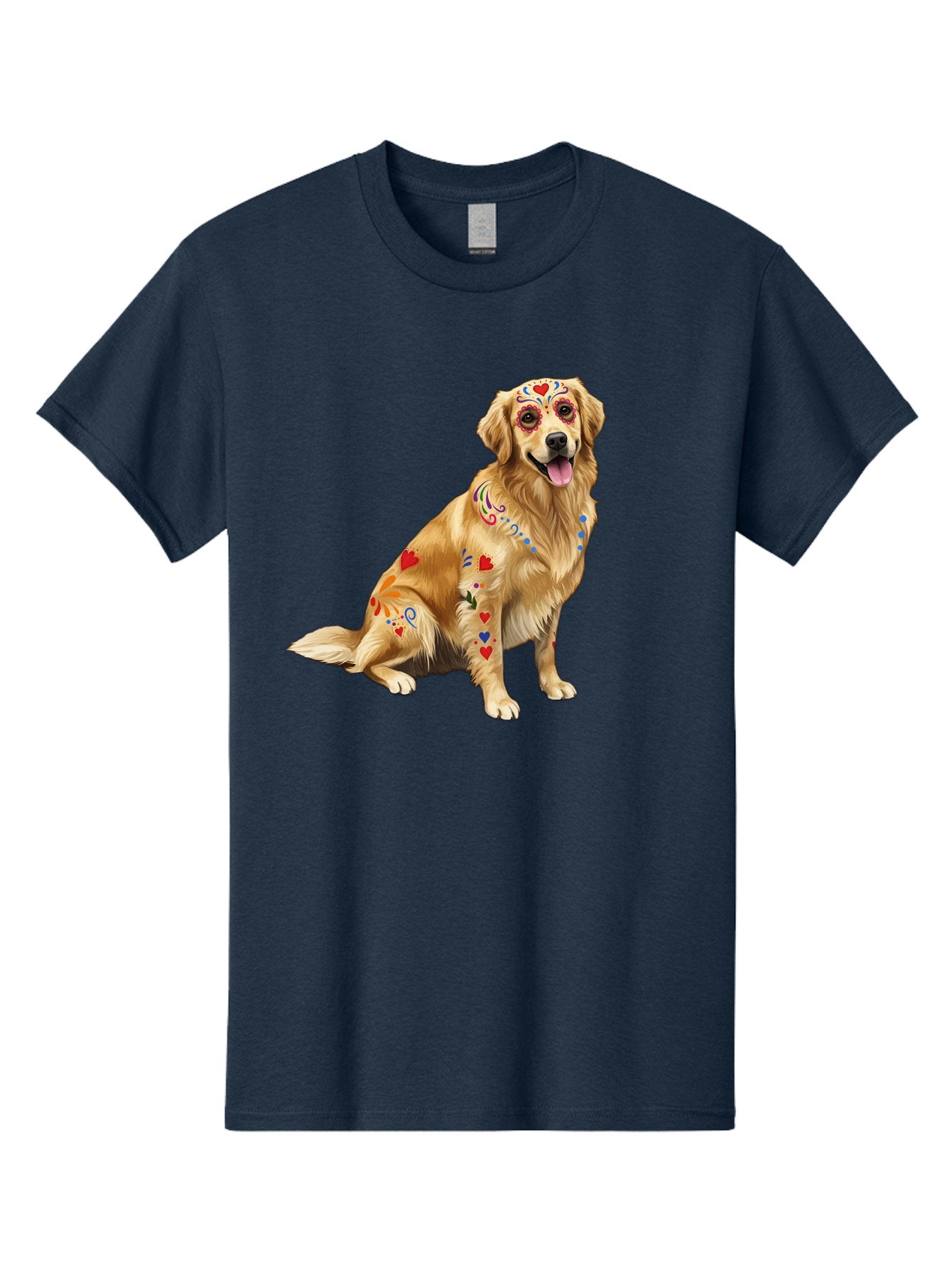 Sugar-Skull-Dog Men'S Graphic Tee, 100% Cotton, Comfortable Casual Summer Wear, Machine Washable, Golden Retriever, Sugar Skull Design, Colorful Tattoos, Heart Patterns, Festive Decoration, Dia De Los Muertos, Vibrant Artwork, Dog Portrait, Bac499 15