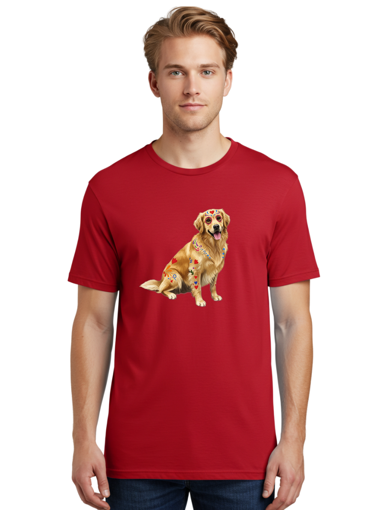 Sugar-Skull-Dog Men'S Graphic Tee, 100% Cotton, Comfortable Casual Summer Wear, Machine Washable, Golden Retriever, Sugar Skull Design, Colorful Tattoos, Heart Patterns, Festive Decoration, Dia De Los Muertos, Vibrant Artwork, Dog Portrait, Bac499 24