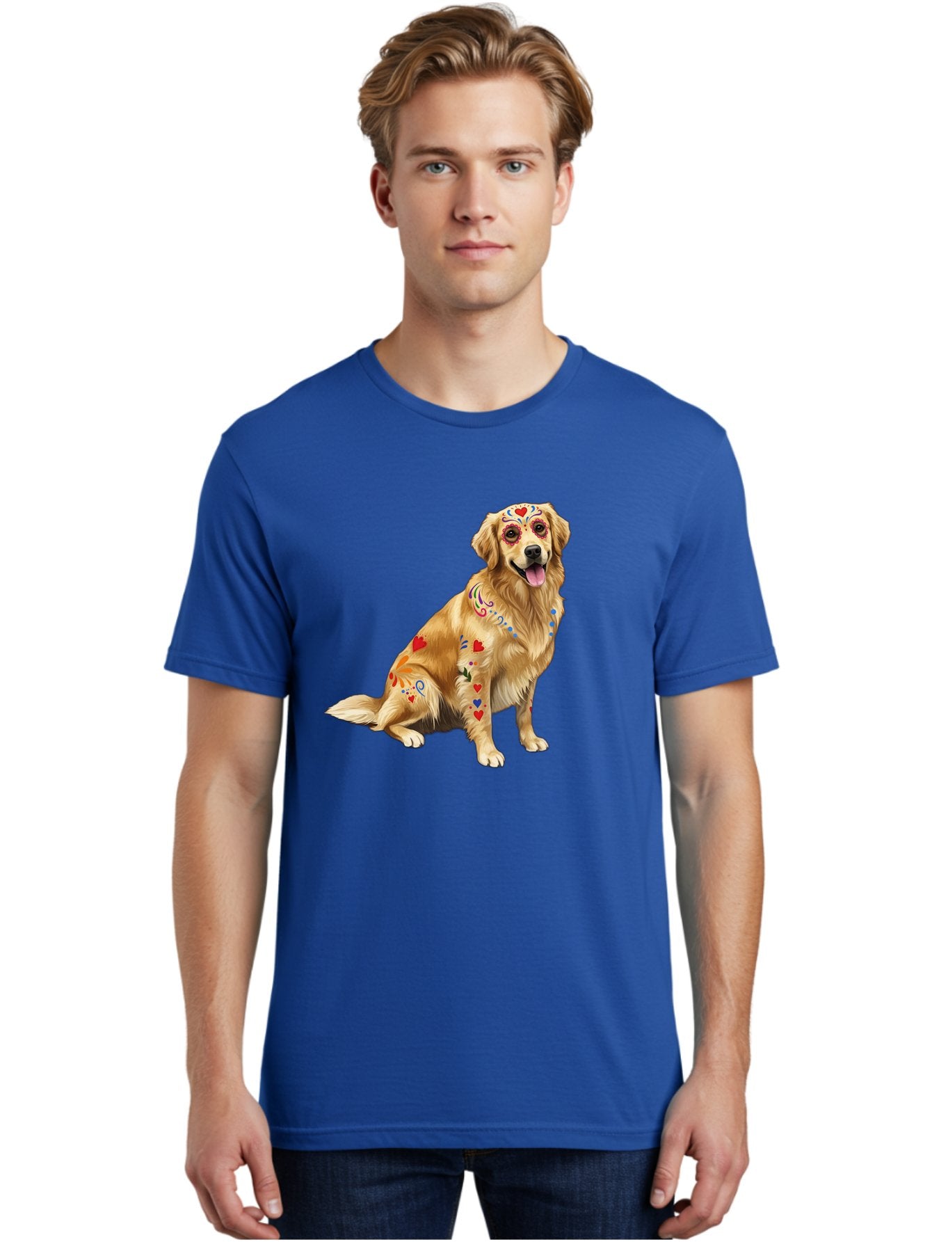Sugar-Skull-Dog Men'S Graphic Tee, 100% Cotton, Comfortable Casual Summer Wear, Machine Washable, Golden Retriever, Sugar Skull Design, Colorful Tattoos, Heart Patterns, Festive Decoration, Dia De Los Muertos, Vibrant Artwork, Dog Portrait, Bac499 21