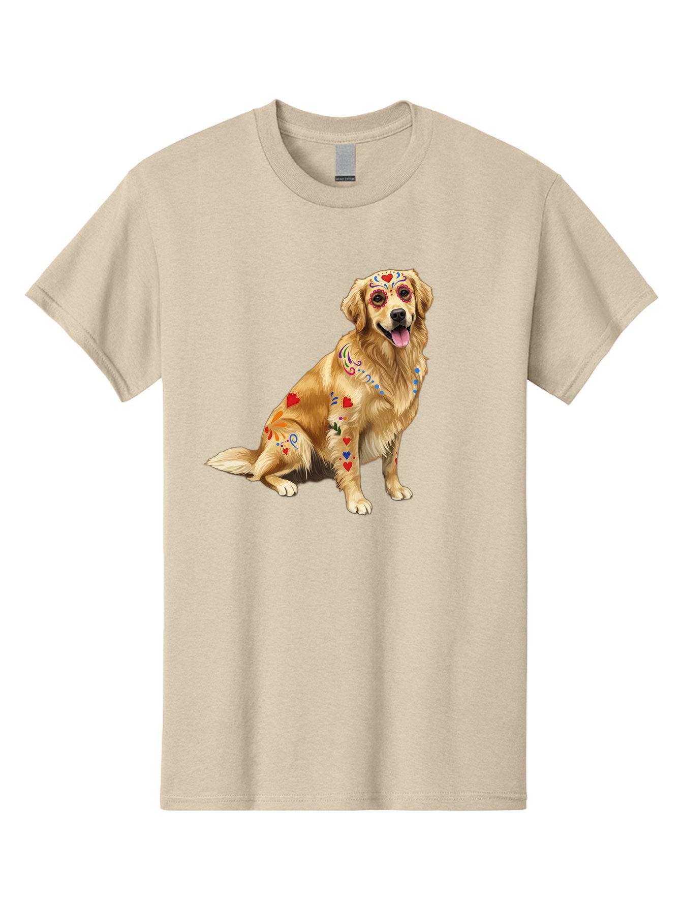 Sugar-Skull-Dog Men'S Graphic Tee, 100% Cotton, Comfortable Casual Summer Wear, Machine Washable, Golden Retriever, Sugar Skull Design, Colorful Tattoos, Heart Patterns, Festive Decoration, Dia De Los Muertos, Vibrant Artwork, Dog Portrait, Bac499 10