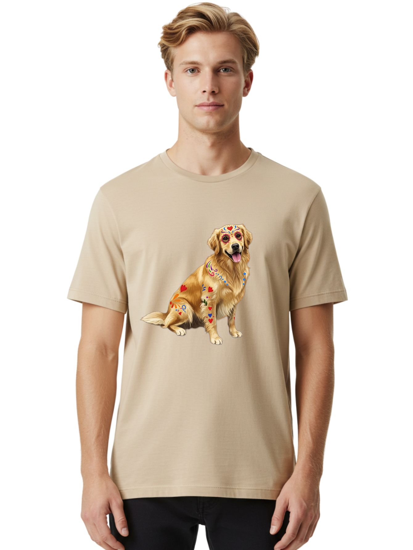 Sugar-Skull-Dog Men'S Graphic Tee, 100% Cotton, Comfortable Casual Summer Wear, Machine Washable, Golden Retriever, Sugar Skull Design, Colorful Tattoos, Heart Patterns, Festive Decoration, Dia De Los Muertos, Vibrant Artwork, Dog Portrait, Bac499 29