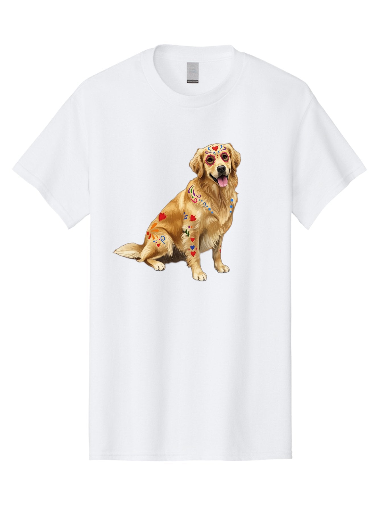 Sugar-Skull-Dog Men'S Graphic Tee, 100% Cotton, Comfortable Casual Summer Wear, Machine Washable, Golden Retriever, Sugar Skull Design, Colorful Tattoos, Heart Patterns, Festive Decoration, Dia De Los Muertos, Vibrant Artwork, Dog Portrait, Bac499 8