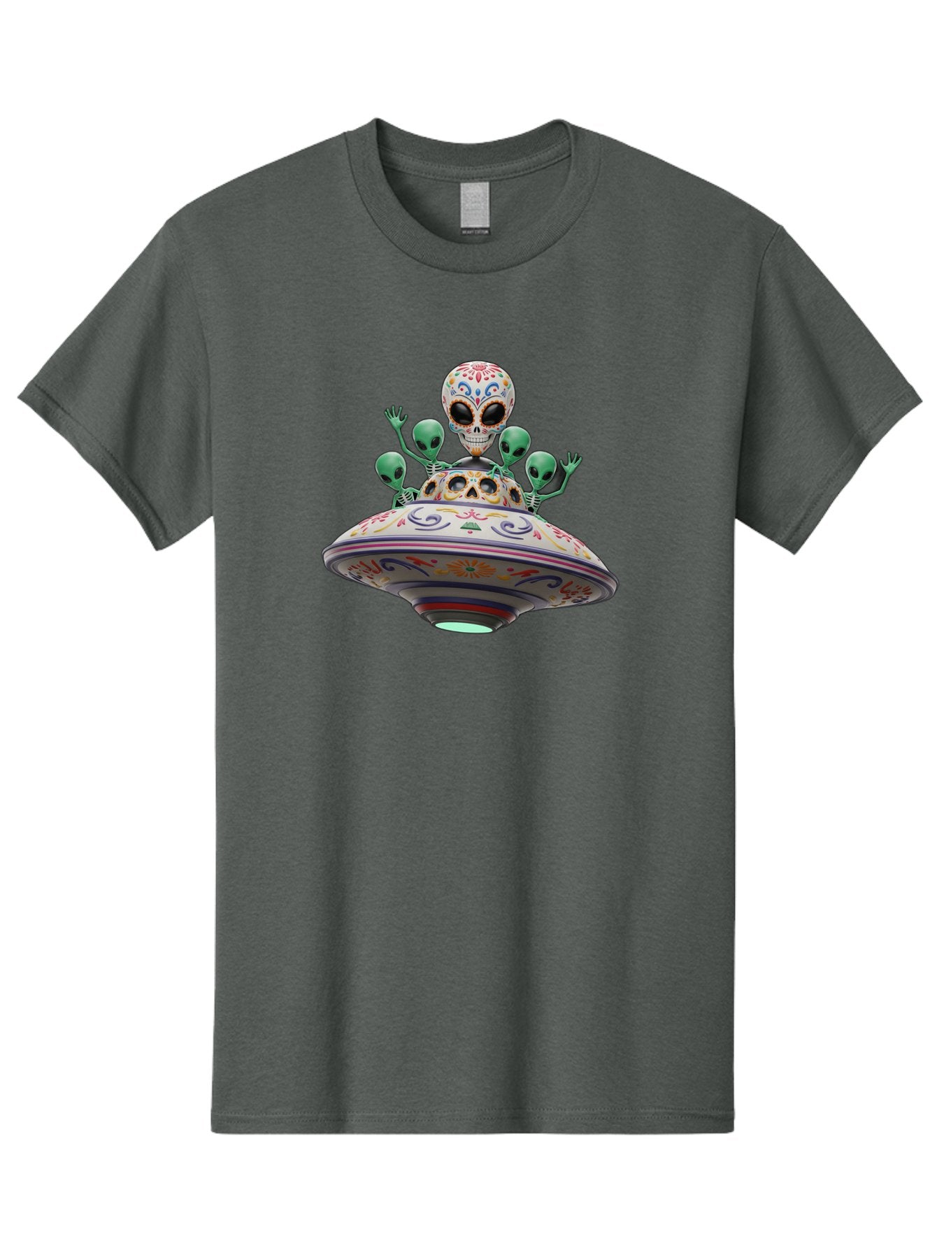 Sugar-Skulls-Ufo Men'S Graphic Tee, 100% Cotton, Comfortable Casual Summer Wear, Machine Washable, Sugar Skull, Aliens, Ufo, Day Of The Dead, Colorful Design, Whimsical Art, Mystical Creatures, Symbolic Representation, Fantasy, Bac500 13