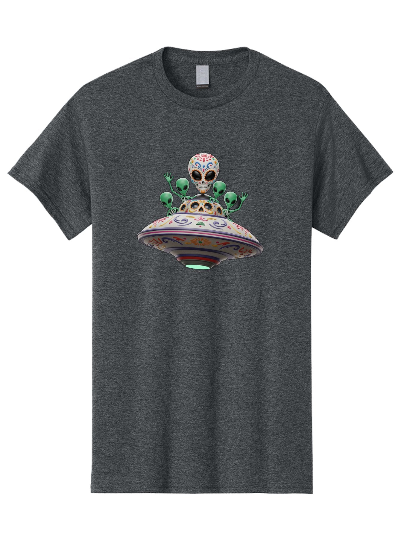 Sugar-Skulls-Ufo Men'S Graphic Tee, 100% Cotton, Comfortable Casual Summer Wear, Machine Washable, Sugar Skull, Aliens, Ufo, Day Of The Dead, Colorful Design, Whimsical Art, Mystical Creatures, Symbolic Representation, Fantasy, Bac500 14