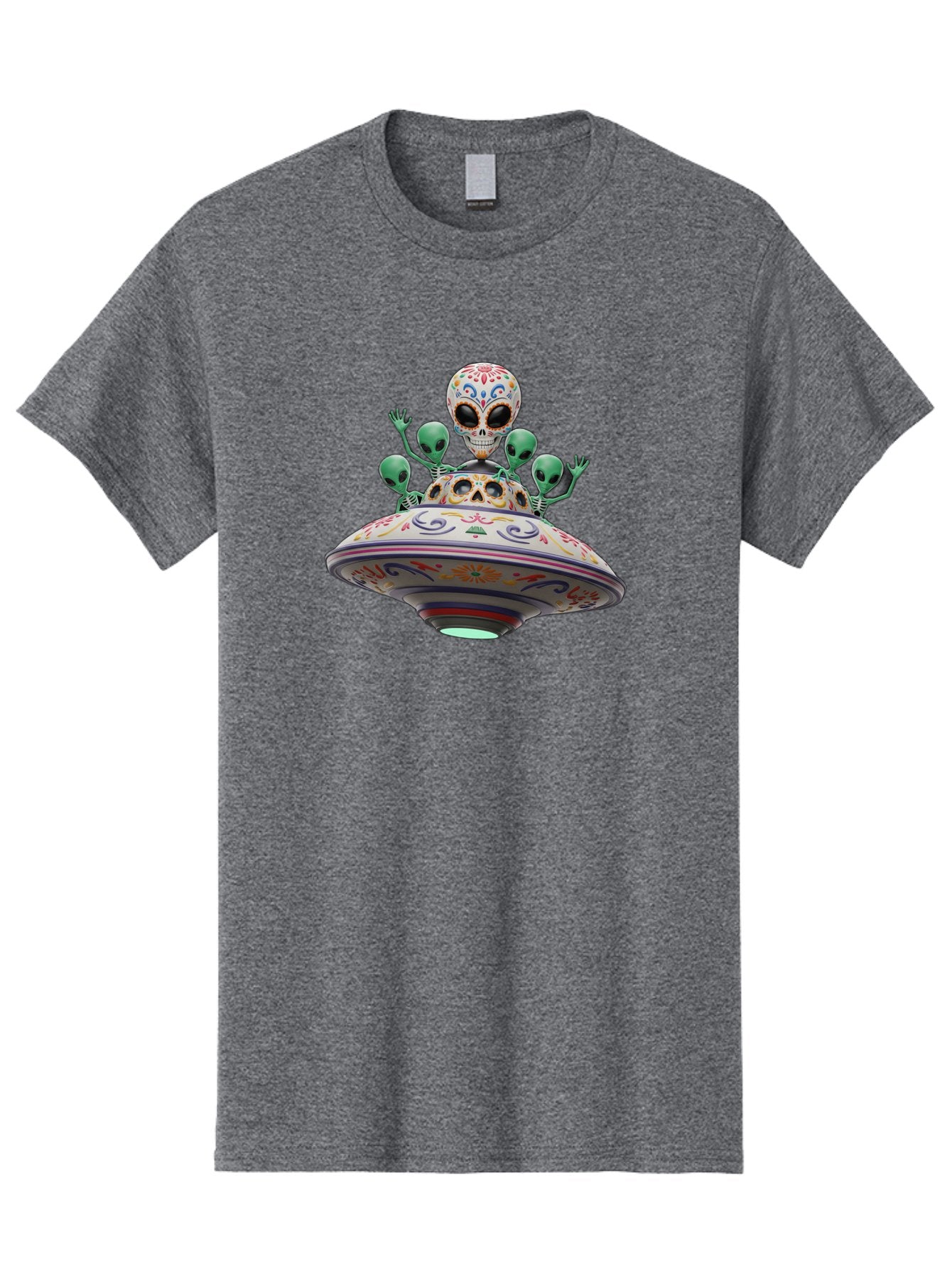 Sugar-Skulls-Ufo Men'S Graphic Tee, 100% Cotton, Comfortable Casual Summer Wear, Machine Washable, Sugar Skull, Aliens, Ufo, Day Of The Dead, Colorful Design, Whimsical Art, Mystical Creatures, Symbolic Representation, Fantasy, Bac500