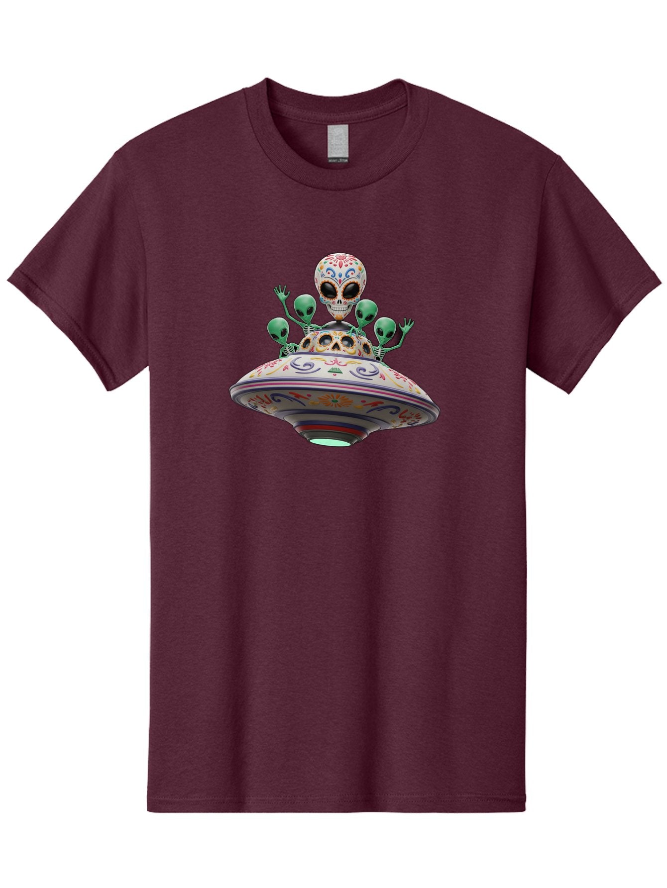 Sugar-Skulls-Ufo Men'S Graphic Tee, 100% Cotton, Comfortable Casual Summer Wear, Machine Washable, Sugar Skull, Aliens, Ufo, Day Of The Dead, Colorful Design, Whimsical Art, Mystical Creatures, Symbolic Representation, Fantasy, Bac500 11
