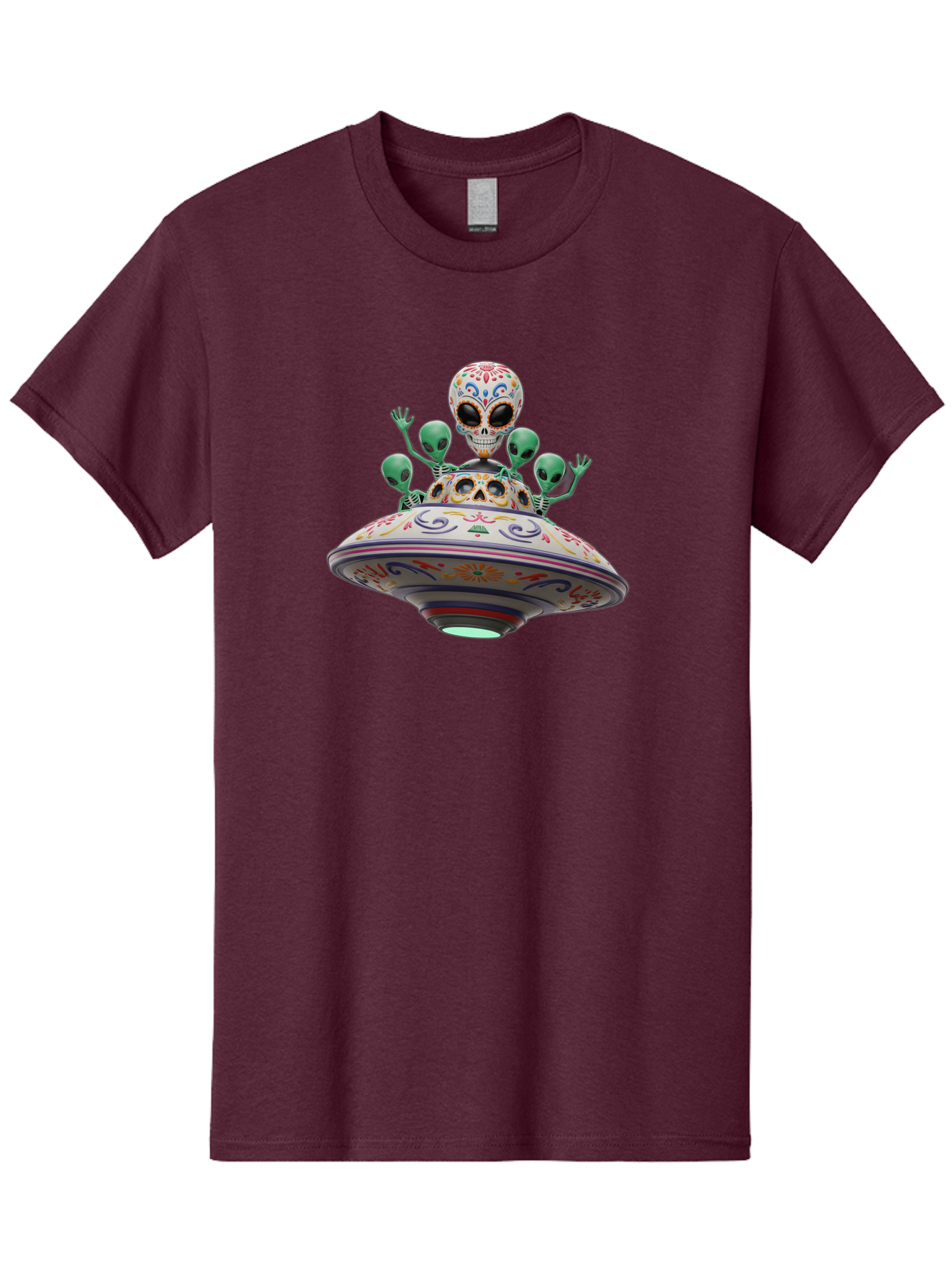 Sugar-Skulls-Ufo Men'S Graphic Tee, 100% Cotton, Comfortable Casual Summer Wear, Machine Washable, Sugar Skull, Aliens, Ufo, Day Of The Dead, Colorful Design, Whimsical Art, Mystical Creatures, Symbolic Representation, Fantasy, Bac500 4