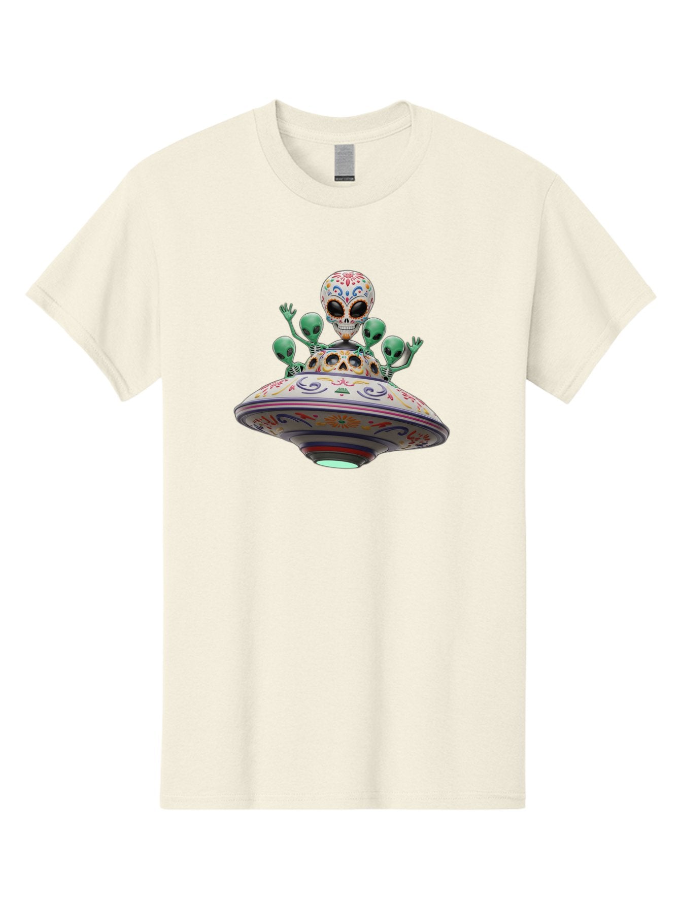 Sugar-Skulls-Ufo Men'S Graphic Tee, 100% Cotton, Comfortable Casual Summer Wear, Machine Washable, Sugar Skull, Aliens, Ufo, Day Of The Dead, Colorful Design, Whimsical Art, Mystical Creatures, Symbolic Representation, Fantasy, Bac500 5
