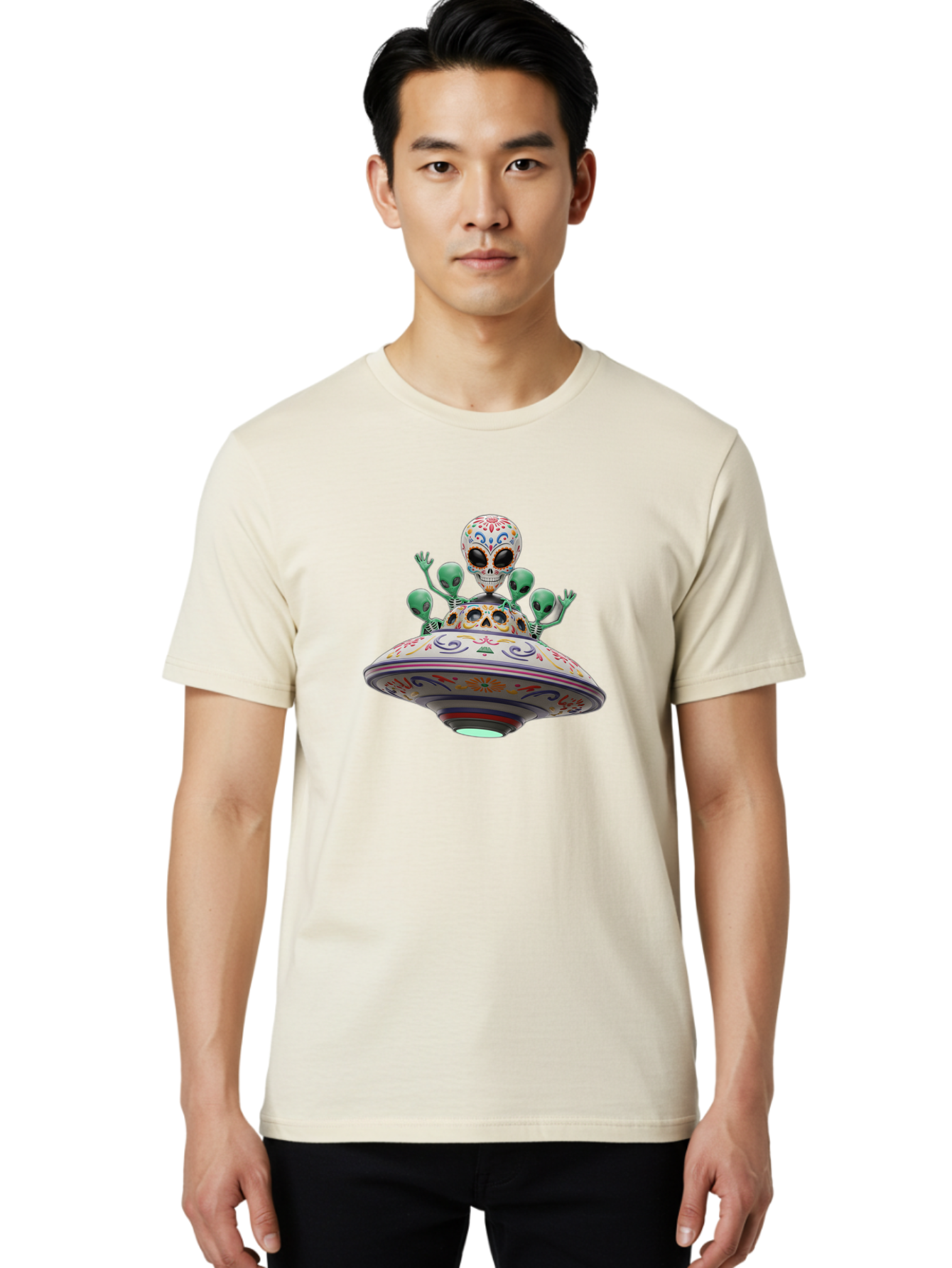 Sugar-Skulls-Ufo Men'S Graphic Tee, 100% Cotton, Comfortable Casual Summer Wear, Machine Washable, Sugar Skull, Aliens, Ufo, Day Of The Dead, Colorful Design, Whimsical Art, Mystical Creatures, Symbolic Representation, Fantasy, Bac500 23