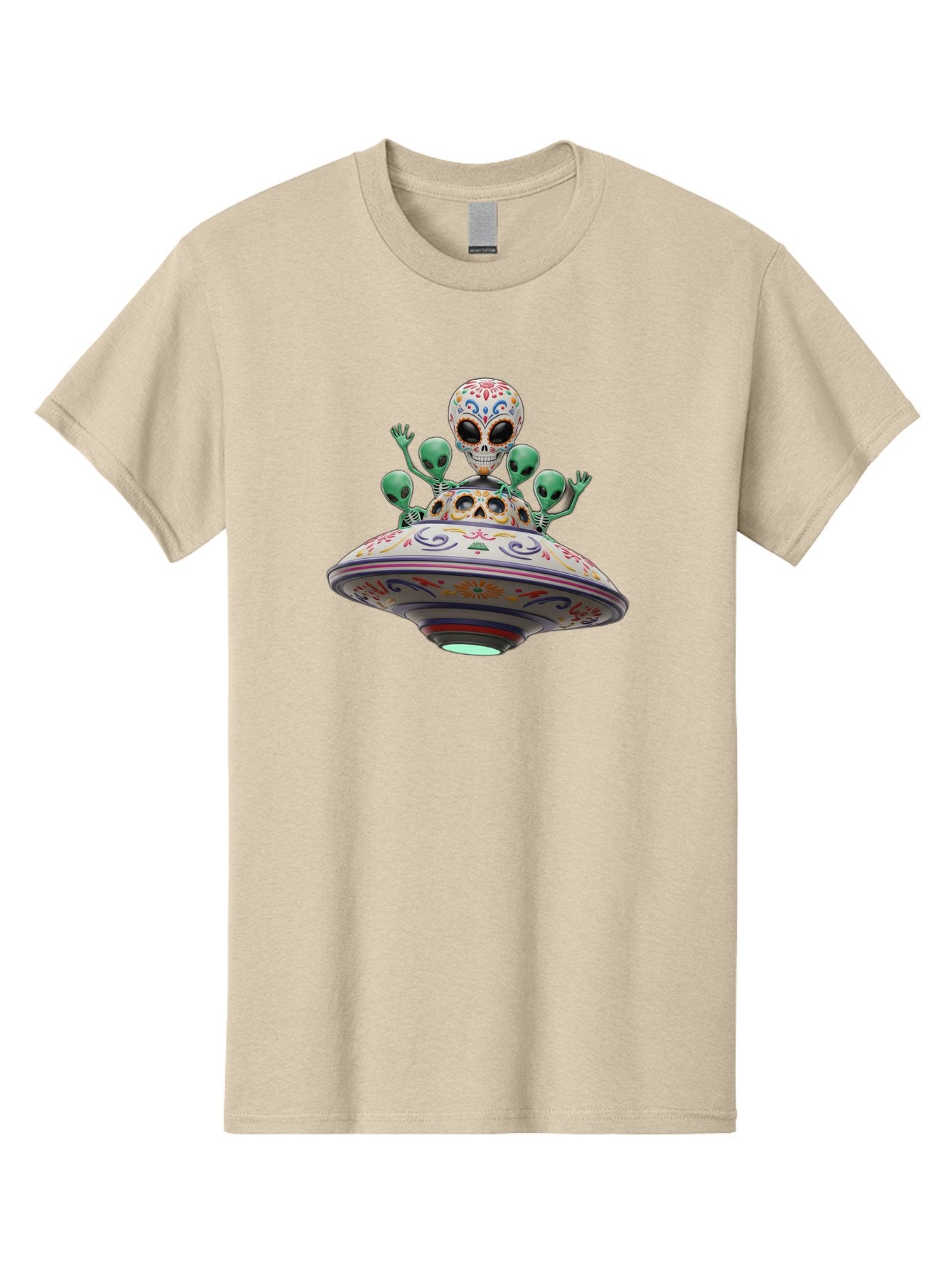 Sugar-Skulls-Ufo Men'S Graphic Tee, 100% Cotton, Comfortable Casual Summer Wear, Machine Washable, Sugar Skull, Aliens, Ufo, Day Of The Dead, Colorful Design, Whimsical Art, Mystical Creatures, Symbolic Representation, Fantasy, Bac500 12