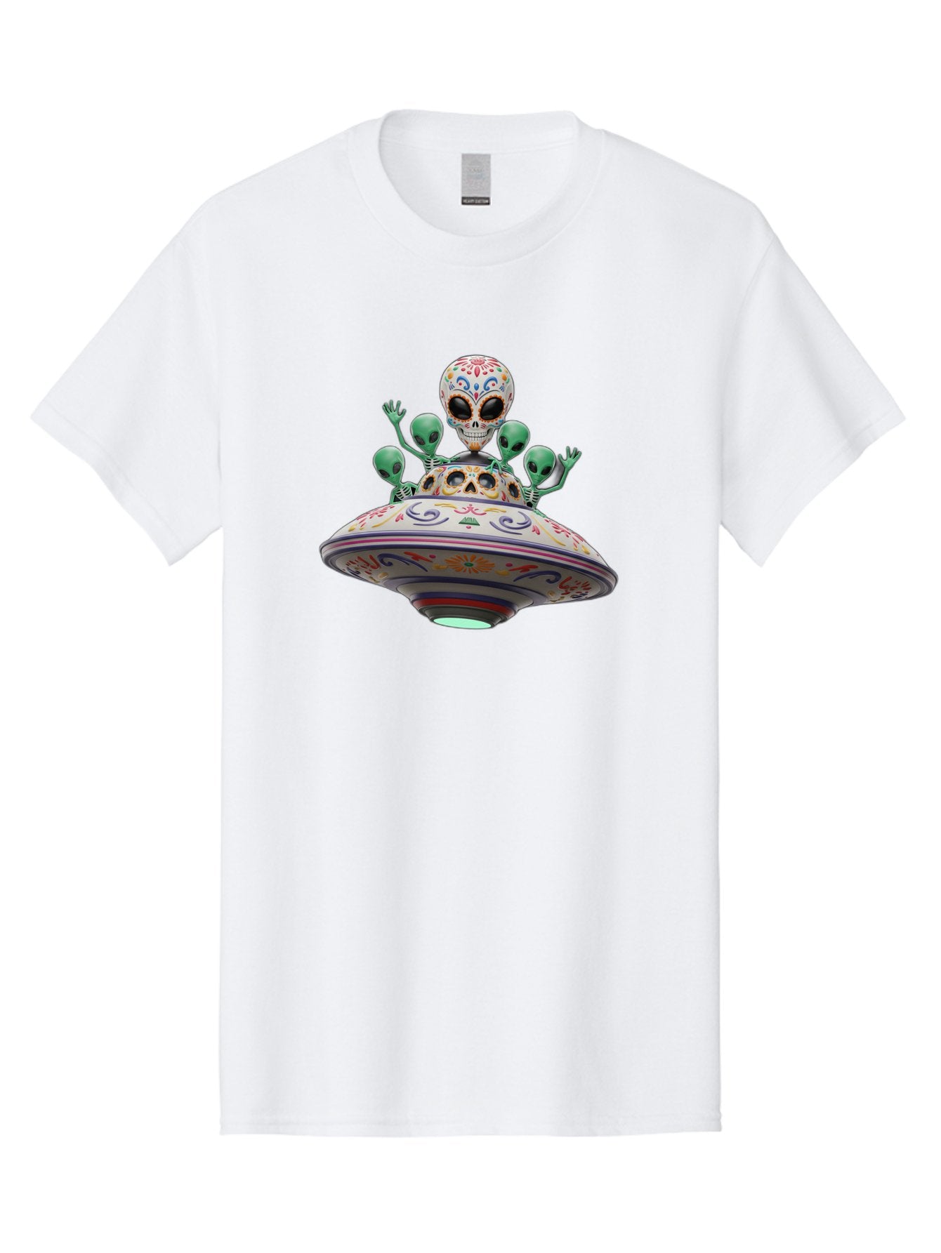 Sugar-Skulls-Ufo Men'S Graphic Tee, 100% Cotton, Comfortable Casual Summer Wear, Machine Washable, Sugar Skull, Aliens, Ufo, Day Of The Dead, Colorful Design, Whimsical Art, Mystical Creatures, Symbolic Representation, Fantasy, Bac500 4