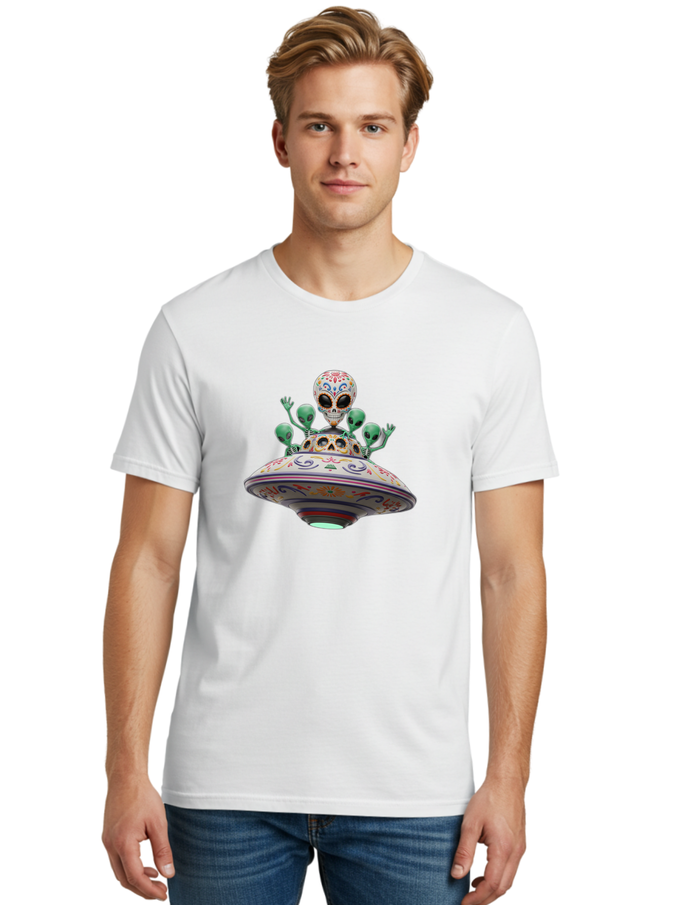 Sugar-Skulls-Ufo Men'S Graphic Tee, 100% Cotton, Comfortable Casual Summer Wear, Machine Washable, Sugar Skull, Aliens, Ufo, Day Of The Dead, Colorful Design, Whimsical Art, Mystical Creatures, Symbolic Representation, Fantasy, Bac500 27