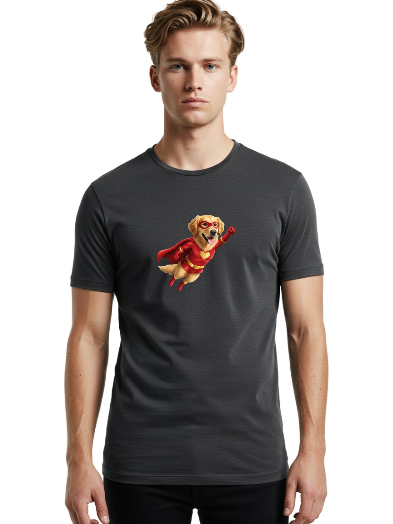 Super-Dog Men'S Graphic Tee, 100% Cotton, Comfortable Casual Summer Wear, Machine Washable, Cartoon Dog In Red Superhero Costume, Flying Dog, Golden Retriever, Superhero Cape, Red Mask, Yellow Belt, Cartoon Character, Dog Hero, Superpowers Bac501 24