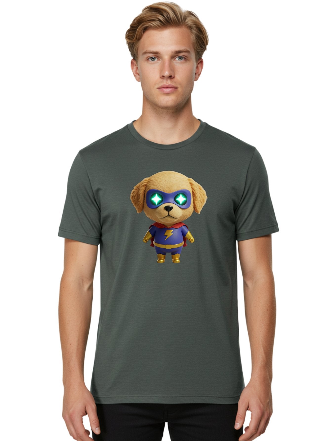 Super-Puppy Men'S Graphic Tee, 100% Cotton, Comfortable Casual Summer Wear, Machine Washable, Superhero Dog, Cartoon Character, Puppy Wearing Mask, Superhero Costume, Puppy With Cape, Dog With Lightning Bolt, Cute Puppy, Digital Illustration, Bac502 16