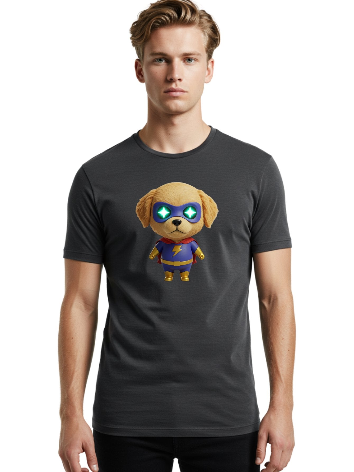Super-Puppy Men'S Graphic Tee, 100% Cotton, Comfortable Casual Summer Wear, Machine Washable, Superhero Dog, Cartoon Character, Puppy Wearing Mask, Superhero Costume, Puppy With Cape, Dog With Lightning Bolt, Cute Puppy, Digital Illustration, Bac502 20