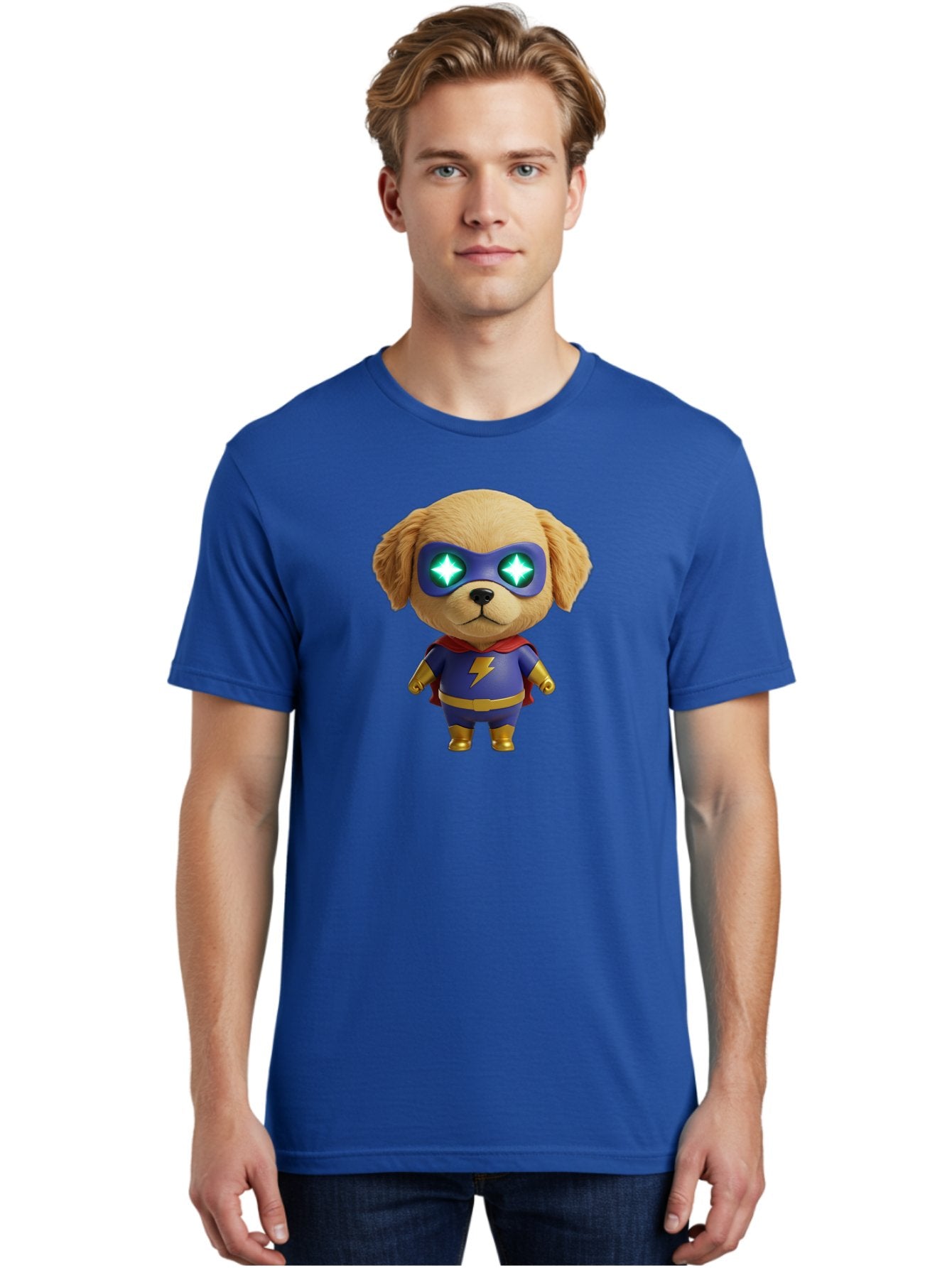 Super-Puppy Men'S Graphic Tee, 100% Cotton, Comfortable Casual Summer Wear, Machine Washable, Superhero Dog, Cartoon Character, Puppy Wearing Mask, Superhero Costume, Puppy With Cape, Dog With Lightning Bolt, Cute Puppy, Digital Illustration, Bac502 19