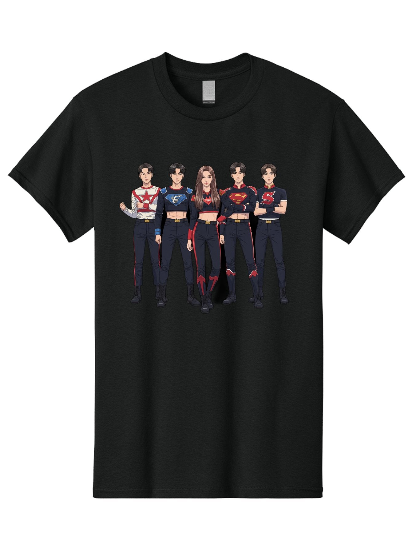 Superheroes-Kpop-Group Men'S Graphic Tee, 100% Cotton, Comfortable Casual Summer Wear, Machine Washable, Superhero Team, K-Pop Inspired Costumes, Superhero Logos, Red And Black Attire, Superhero Fashion, Comic Book Style, Modern Superheroes, Bac503 14