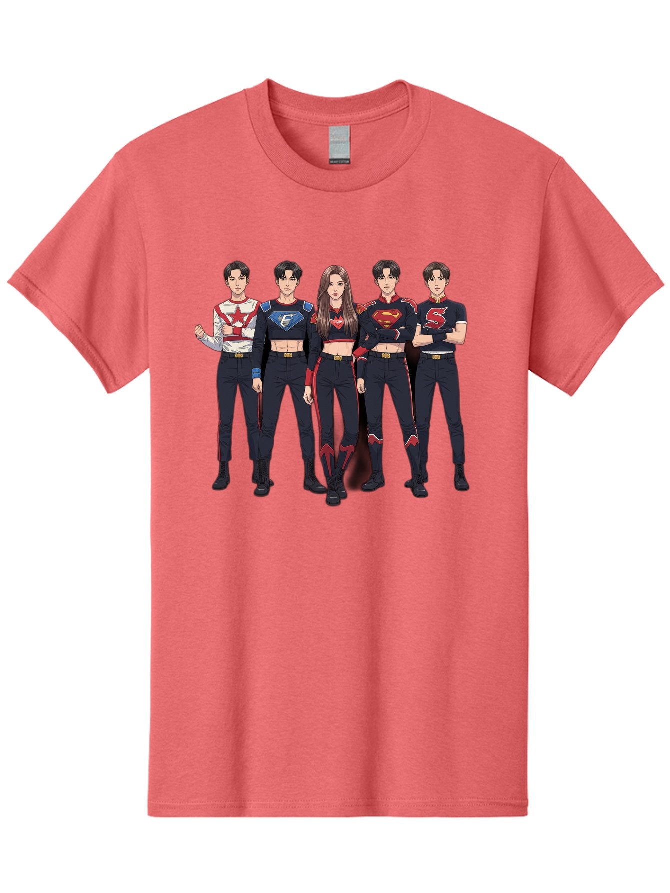 Superheroes-Kpop-Group Men'S Graphic Tee, 100% Cotton, Comfortable Casual Summer Wear, Machine Washable, Superhero Team, K-Pop Inspired Costumes, Superhero Logos, Red And Black Attire, Superhero Fashion, Comic Book Style, Modern Superheroes, Bac503 5