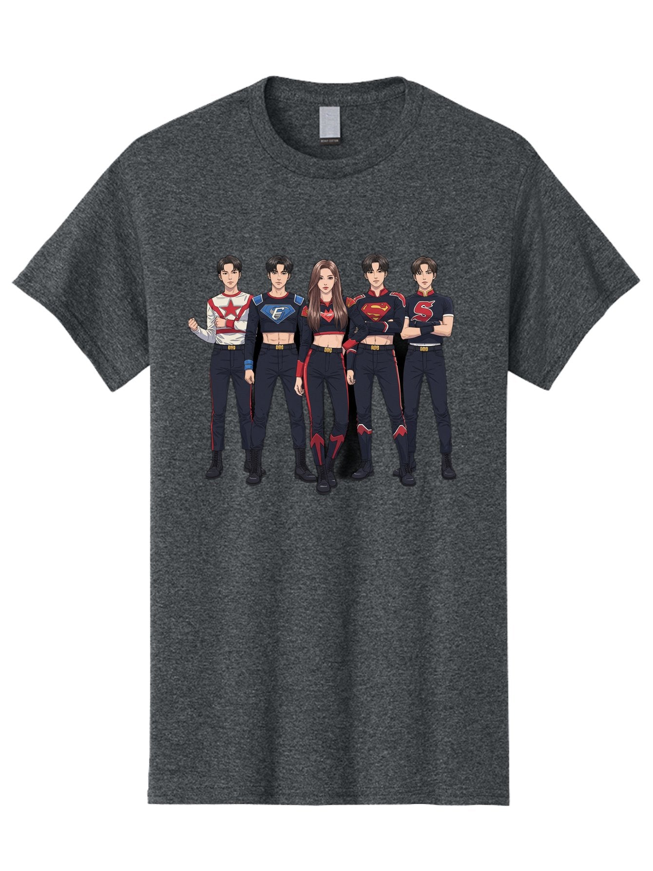 Superheroes-Kpop-Group Men'S Graphic Tee, 100% Cotton, Comfortable Casual Summer Wear, Machine Washable, Superhero Team, K-Pop Inspired Costumes, Superhero Logos, Red And Black Attire, Superhero Fashion, Comic Book Style, Modern Superheroes, Bac503