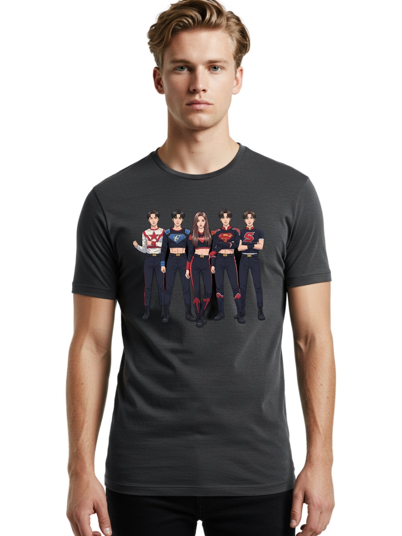 Superheroes-Kpop-Group Men'S Graphic Tee, 100% Cotton, Comfortable Casual Summer Wear, Machine Washable, Superhero Team, K-Pop Inspired Costumes, Superhero Logos, Red And Black Attire, Superhero Fashion, Comic Book Style, Modern Superheroes, Bac503 21