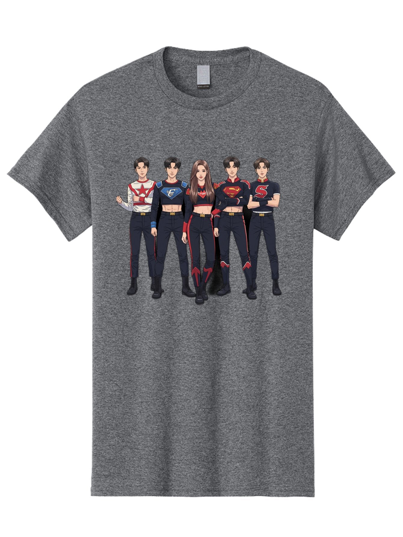 Superheroes-Kpop-Group Men'S Graphic Tee, 100% Cotton, Comfortable Casual Summer Wear, Machine Washable, Superhero Team, K-Pop Inspired Costumes, Superhero Logos, Red And Black Attire, Superhero Fashion, Comic Book Style, Modern Superheroes, Bac503 4