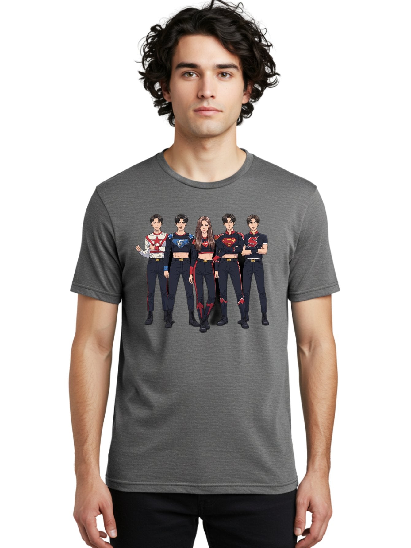 Superheroes-Kpop-Group Men'S Graphic Tee, 100% Cotton, Comfortable Casual Summer Wear, Machine Washable, Superhero Team, K-Pop Inspired Costumes, Superhero Logos, Red And Black Attire, Superhero Fashion, Comic Book Style, Modern Superheroes, Bac503 18
