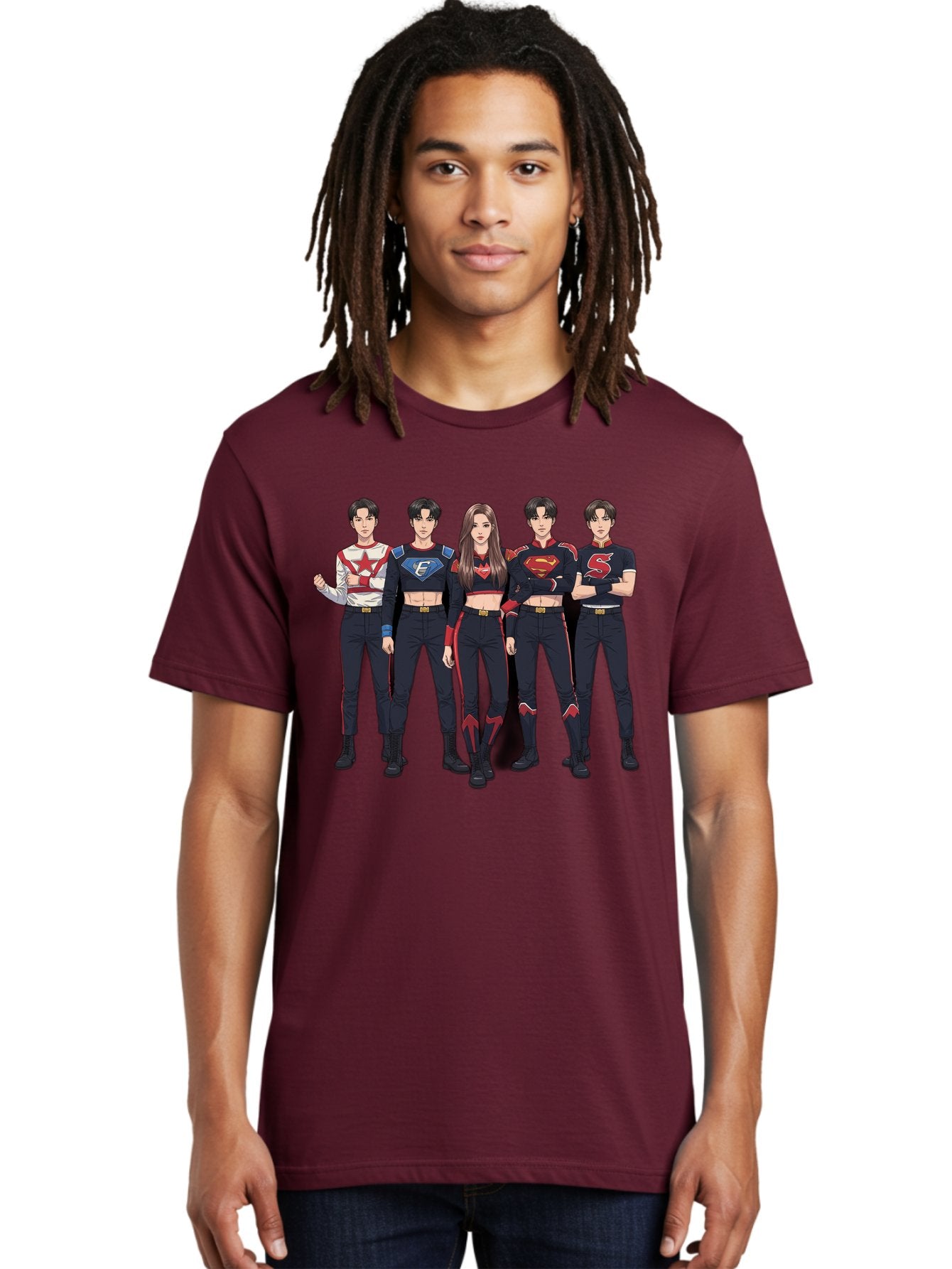 Superheroes-Kpop-Group Men'S Graphic Tee, 100% Cotton, Comfortable Casual Summer Wear, Machine Washable, Superhero Team, K-Pop Inspired Costumes, Superhero Logos, Red And Black Attire, Superhero Fashion, Comic Book Style, Modern Superheroes, Bac503 19