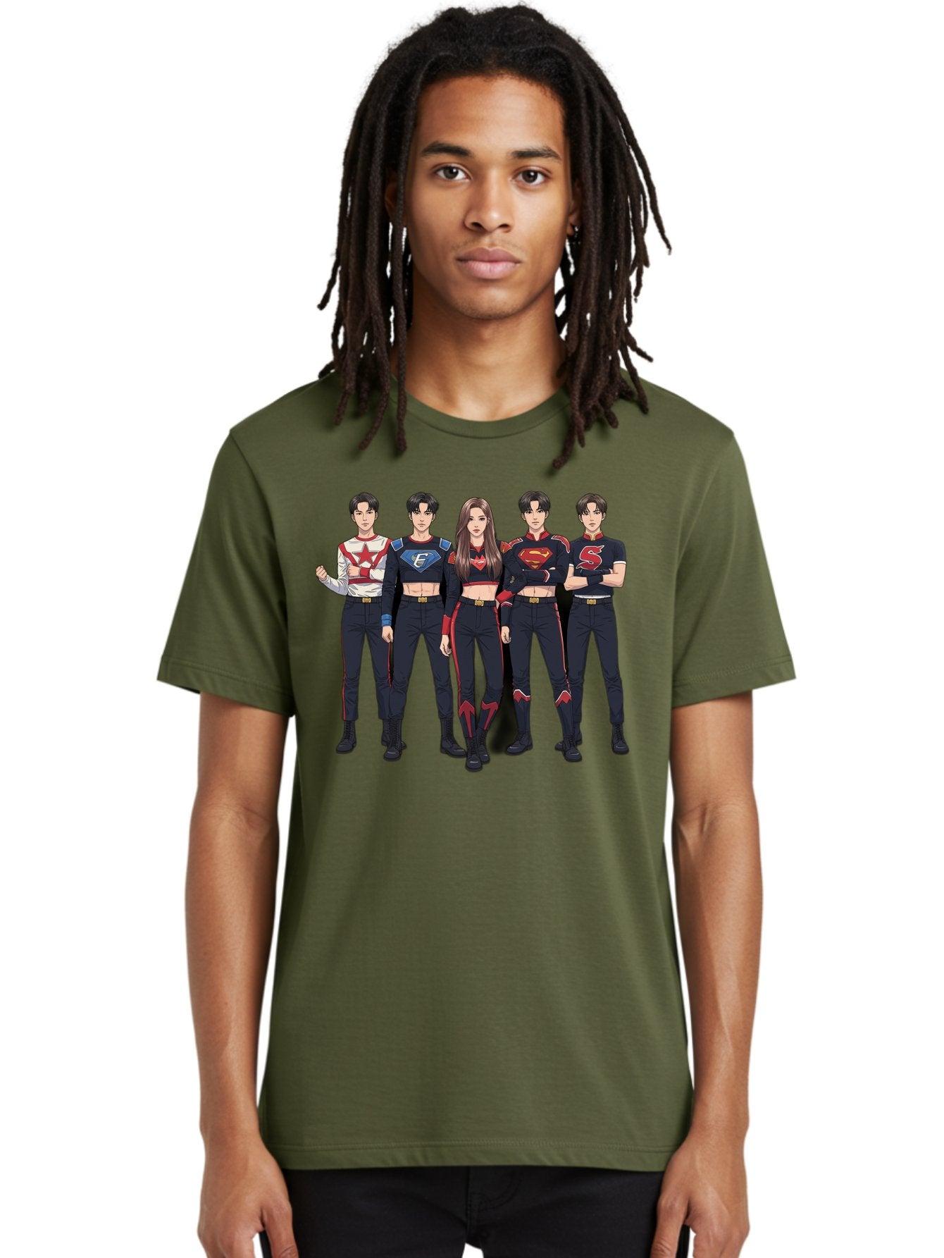 Superheroes-Kpop-Group Men'S Graphic Tee, 100% Cotton, Comfortable Casual Summer Wear, Machine Washable, Superhero Team, K-Pop Inspired Costumes, Superhero Logos, Red And Black Attire, Superhero Fashion, Comic Book Style, Modern Superheroes, Bac503 30