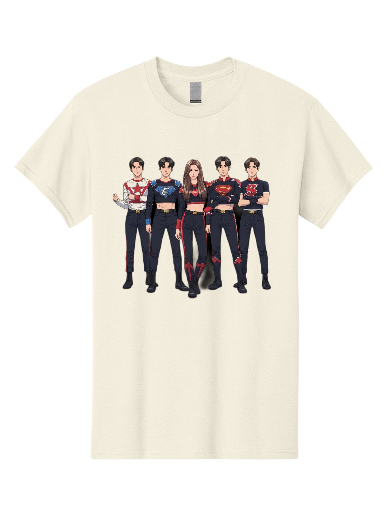 Superheroes-Kpop-Group Men'S Graphic Tee, 100% Cotton, Comfortable Casual Summer Wear, Machine Washable, Superhero Team, K-Pop Inspired Costumes, Superhero Logos, Red And Black Attire, Superhero Fashion, Comic Book Style, Modern Superheroes, Bac503 8