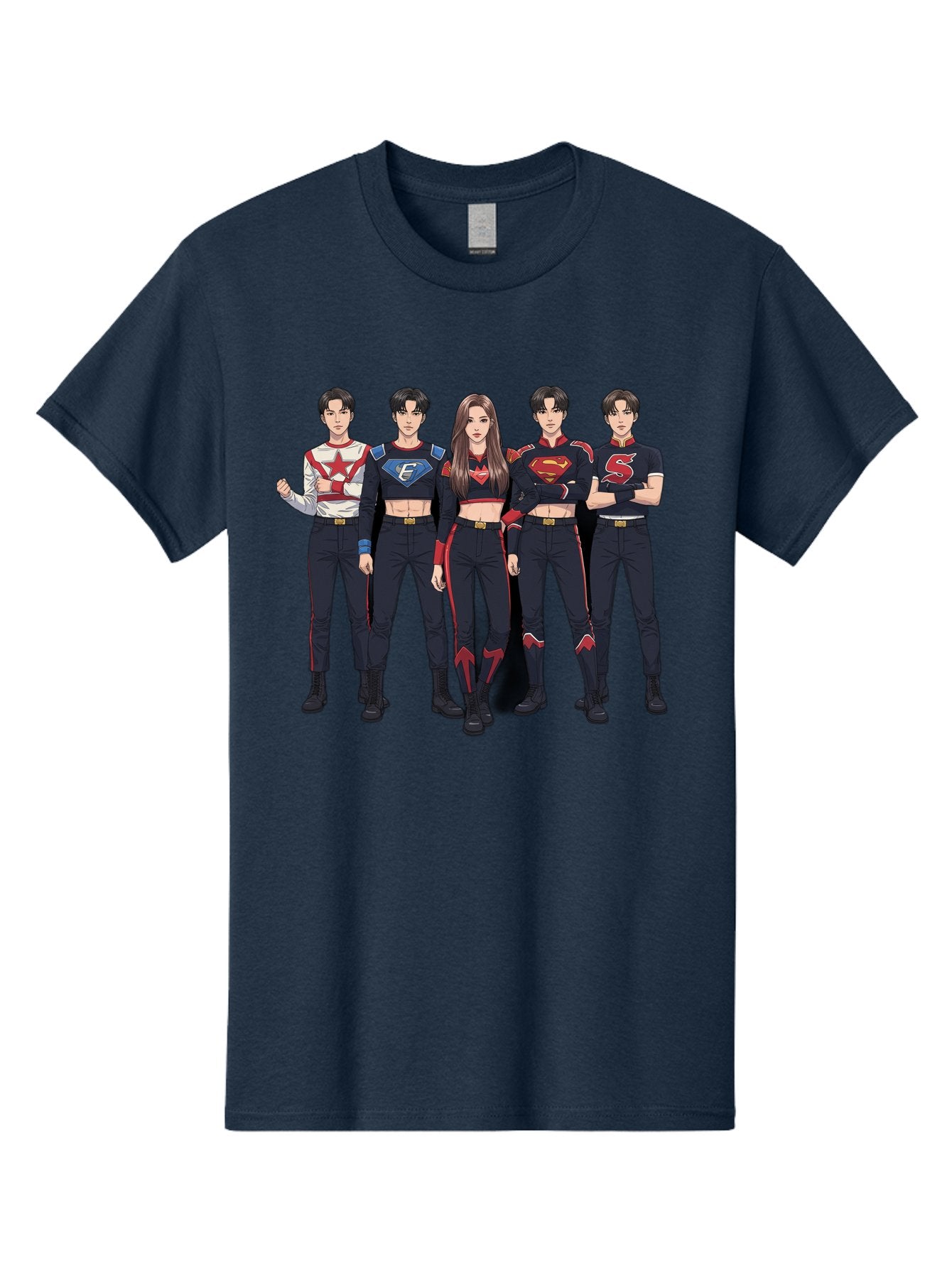 Superheroes-Kpop-Group Men'S Graphic Tee, 100% Cotton, Comfortable Casual Summer Wear, Machine Washable, Superhero Team, K-Pop Inspired Costumes, Superhero Logos, Red And Black Attire, Superhero Fashion, Comic Book Style, Modern Superheroes, Bac503 11