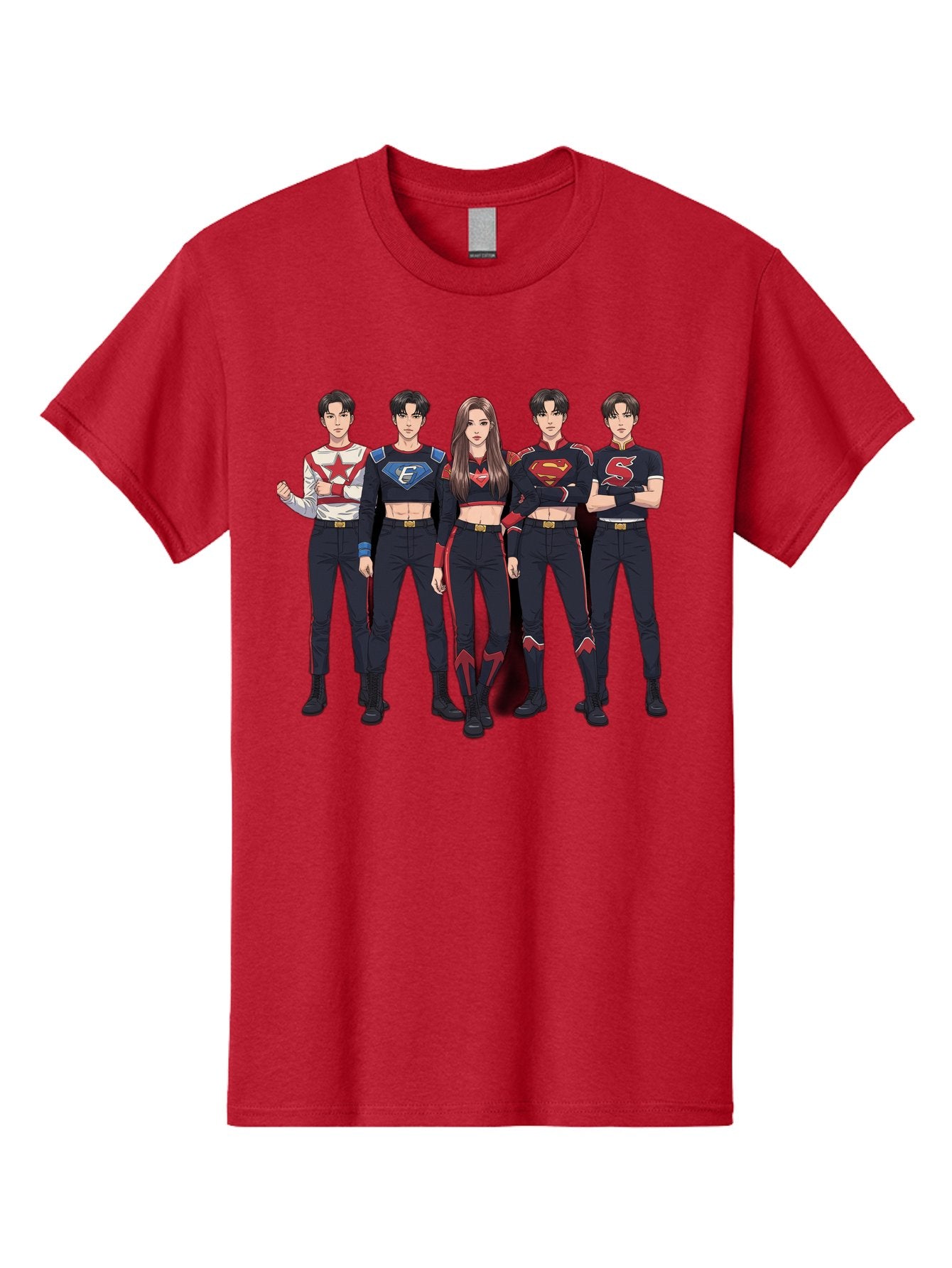 Superheroes-Kpop-Group Men'S Graphic Tee, 100% Cotton, Comfortable Casual Summer Wear, Machine Washable, Superhero Team, K-Pop Inspired Costumes, Superhero Logos, Red And Black Attire, Superhero Fashion, Comic Book Style, Modern Superheroes, Bac503 13