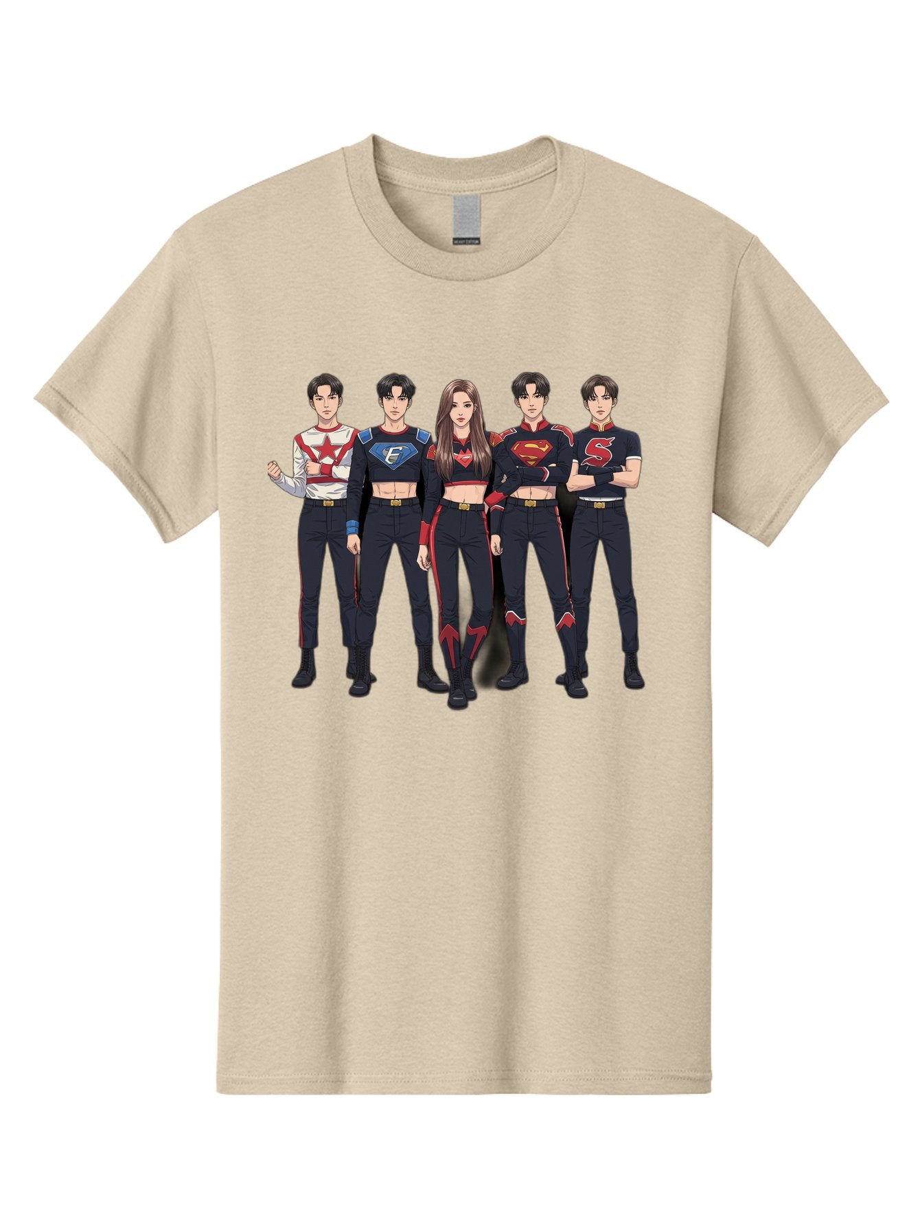 Superheroes-Kpop-Group Men'S Graphic Tee, 100% Cotton, Comfortable Casual Summer Wear, Machine Washable, Superhero Team, K-Pop Inspired Costumes, Superhero Logos, Red And Black Attire, Superhero Fashion, Comic Book Style, Modern Superheroes, Bac503 12